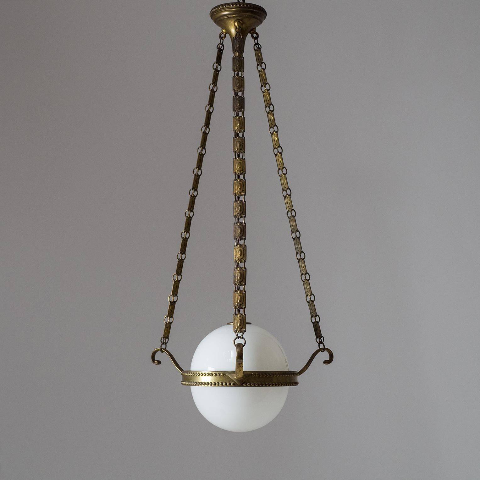 Early Art Deco Pendant, circa 1910, Brass and Glass 9