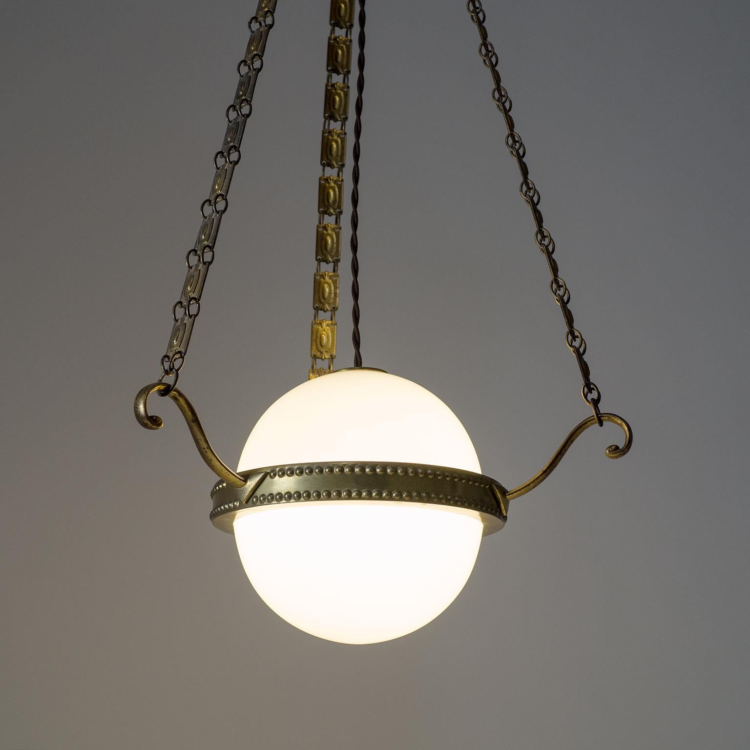 Early Art Deco Pendant, circa 1910, Brass and Glass 11