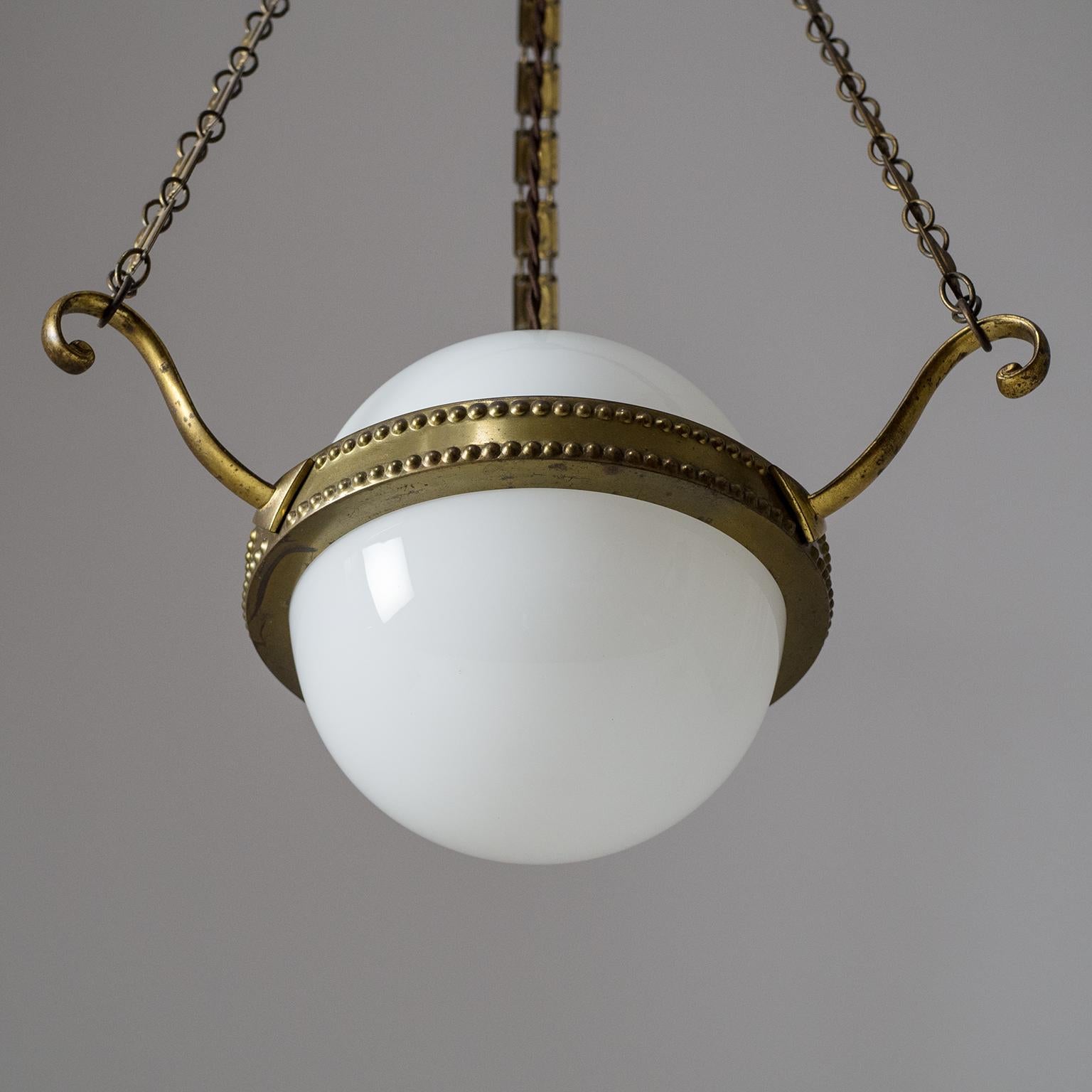 Early Art Deco Pendant, circa 1910, Brass and Glass 1
