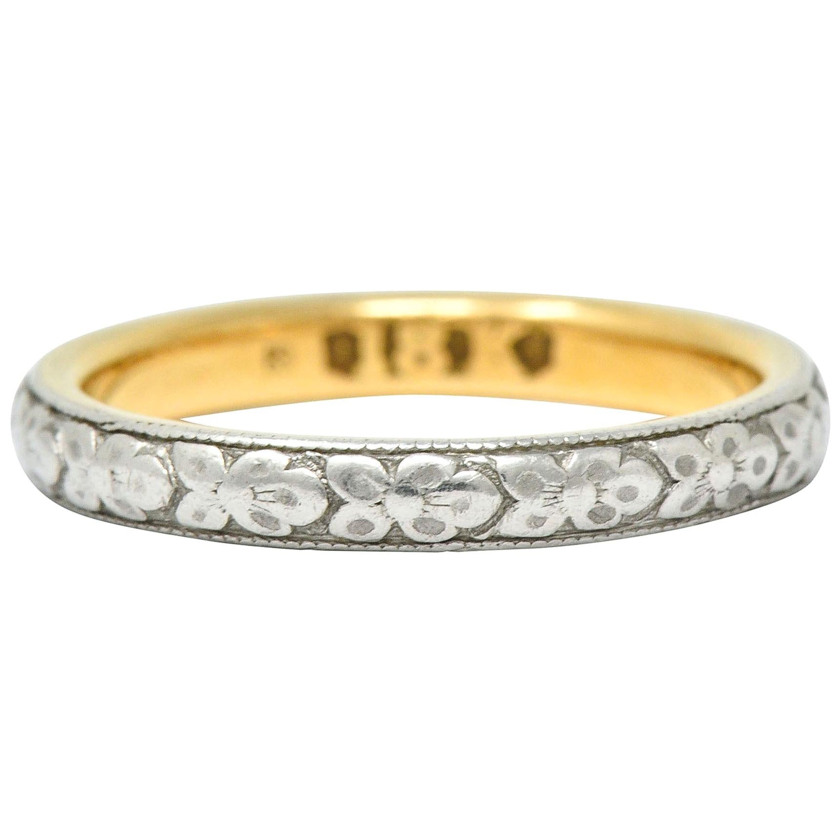 Early Art Deco Platinum-Topped 18 Karat Two-Tone Gold Floral Band Ring