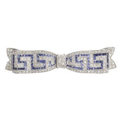 Early Art Deco Sapphire Diamond Greek Key Bow Brooch