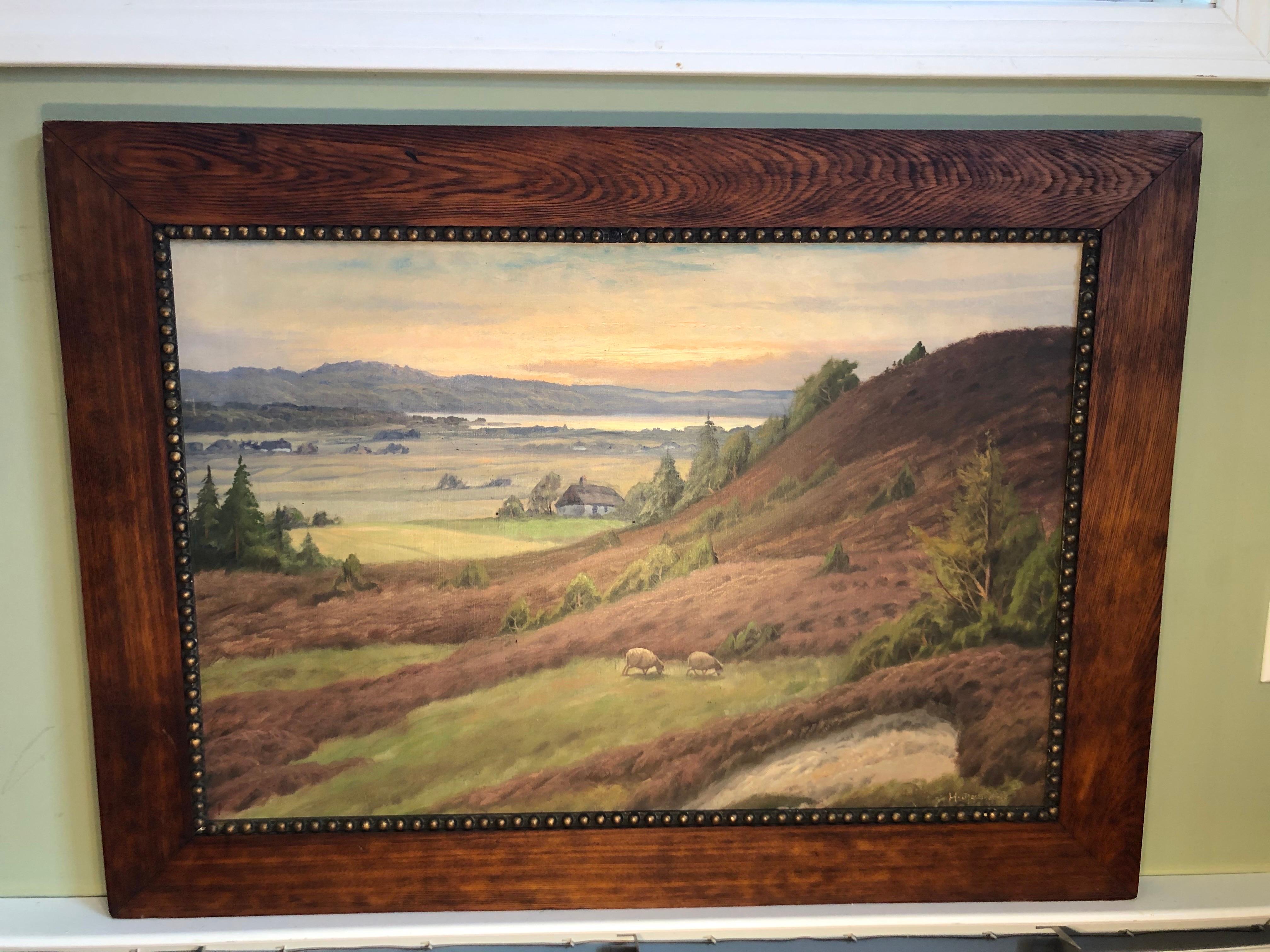 Early Arts and Crafts Sweeping Landscape of Countryside. Romantic rolling fields with sheep and blue mountains in the distance. Perfect painting for above a stone fireplace with your arts and crafts pottery collection. Solid oak or ash wooden frame