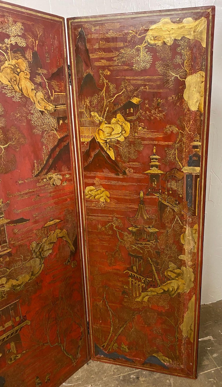 Chinese Export Early Asian Two Panel Painted Screen For Sale