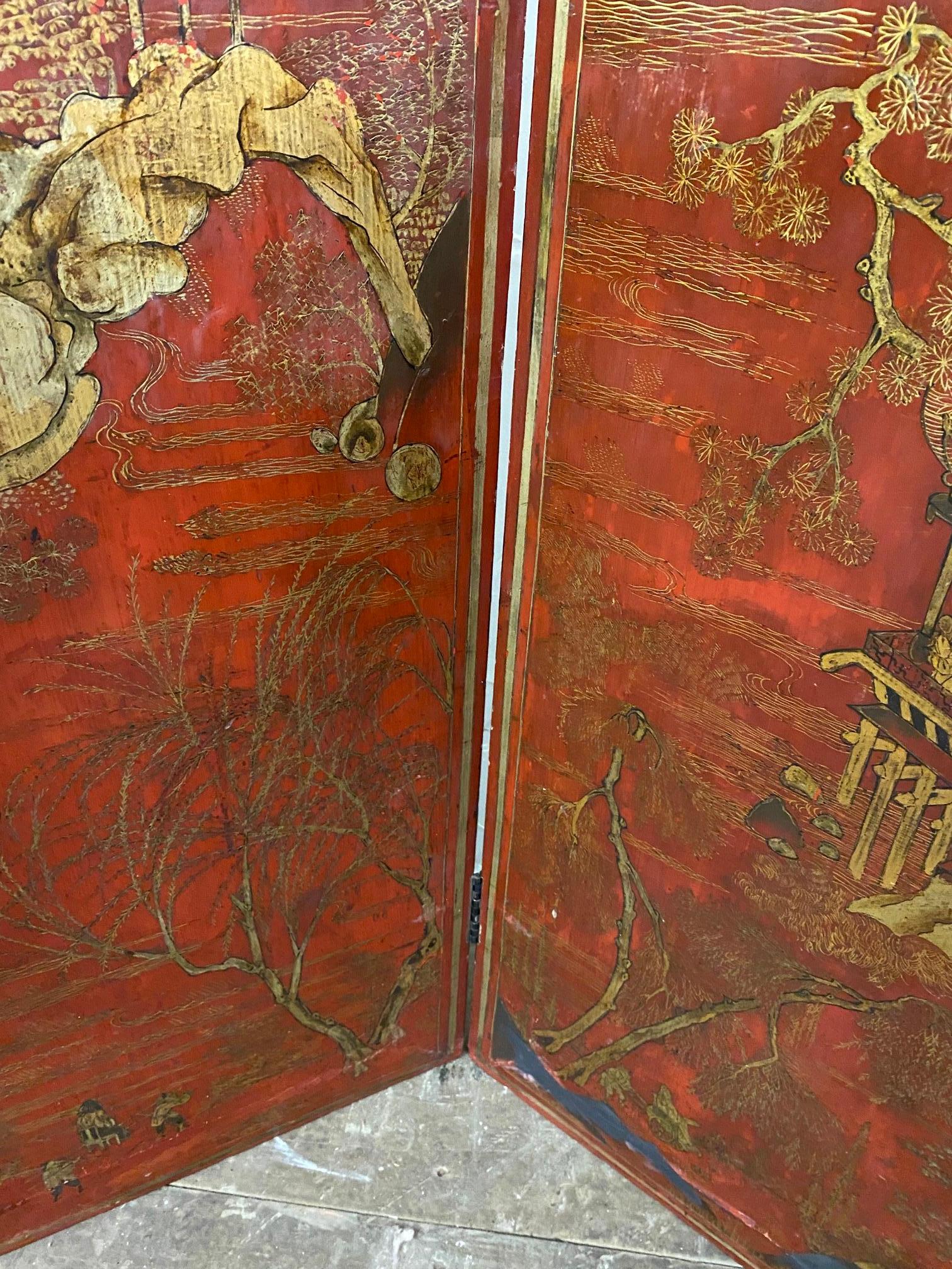 Enameled Early Asian Two Panel Painted Screen