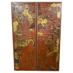 Antique Early Asian Two Panel Painted Screen