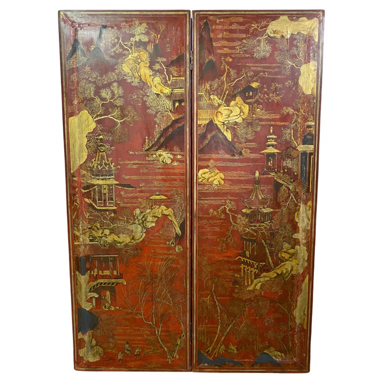 Early Asian Two Panel Painted Screen For Sale