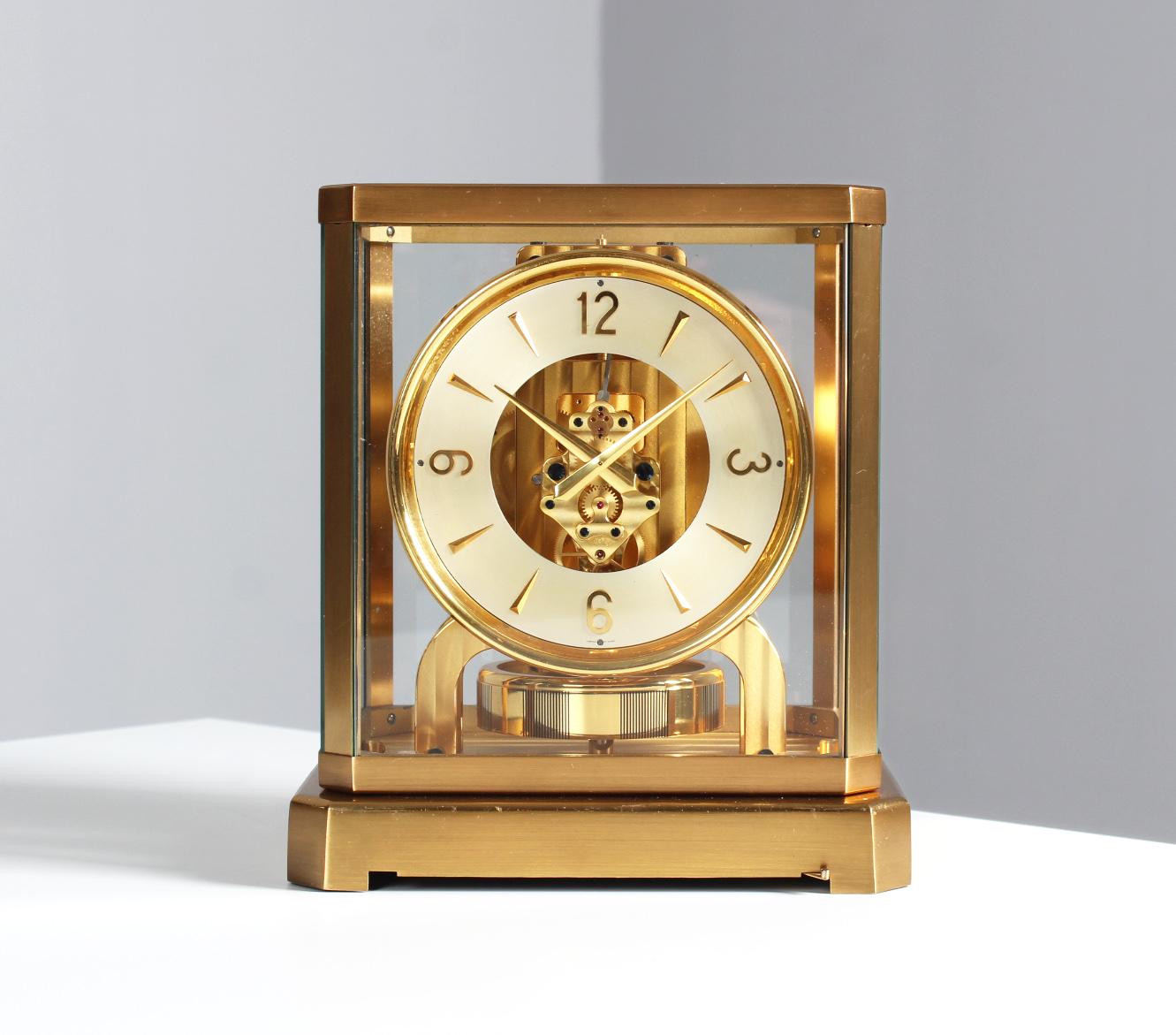 Early Atmos Clock from Jaeger LeCoultre

Switzerland
Brass gold plated
Year of manufacture 1949

Dimensions: H x W x D: 23.5 x 21 x 16.5 cm

Description:
Atmos II in matt brushed gold-plated case with polished stands. Blued screws,