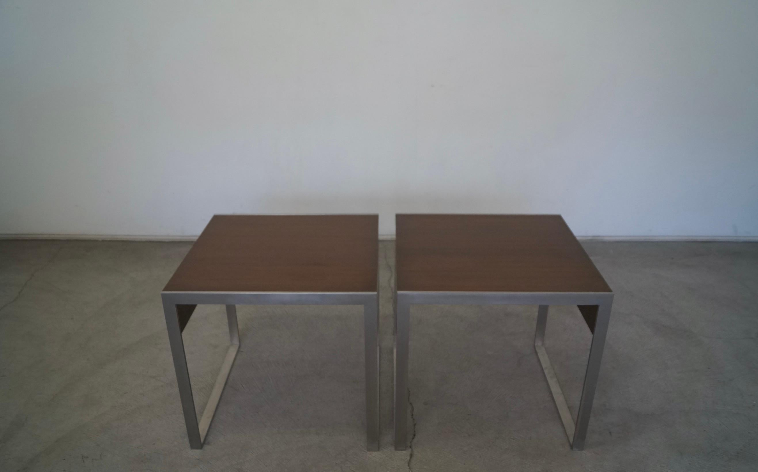 Pair of Mid-Century Modern style side tables for sale. Manufactured by high-end furniture company Bernhardt Furniture, and made here in the US. These have been professionally refinished in walnut. Very solid and well made tables with a solid