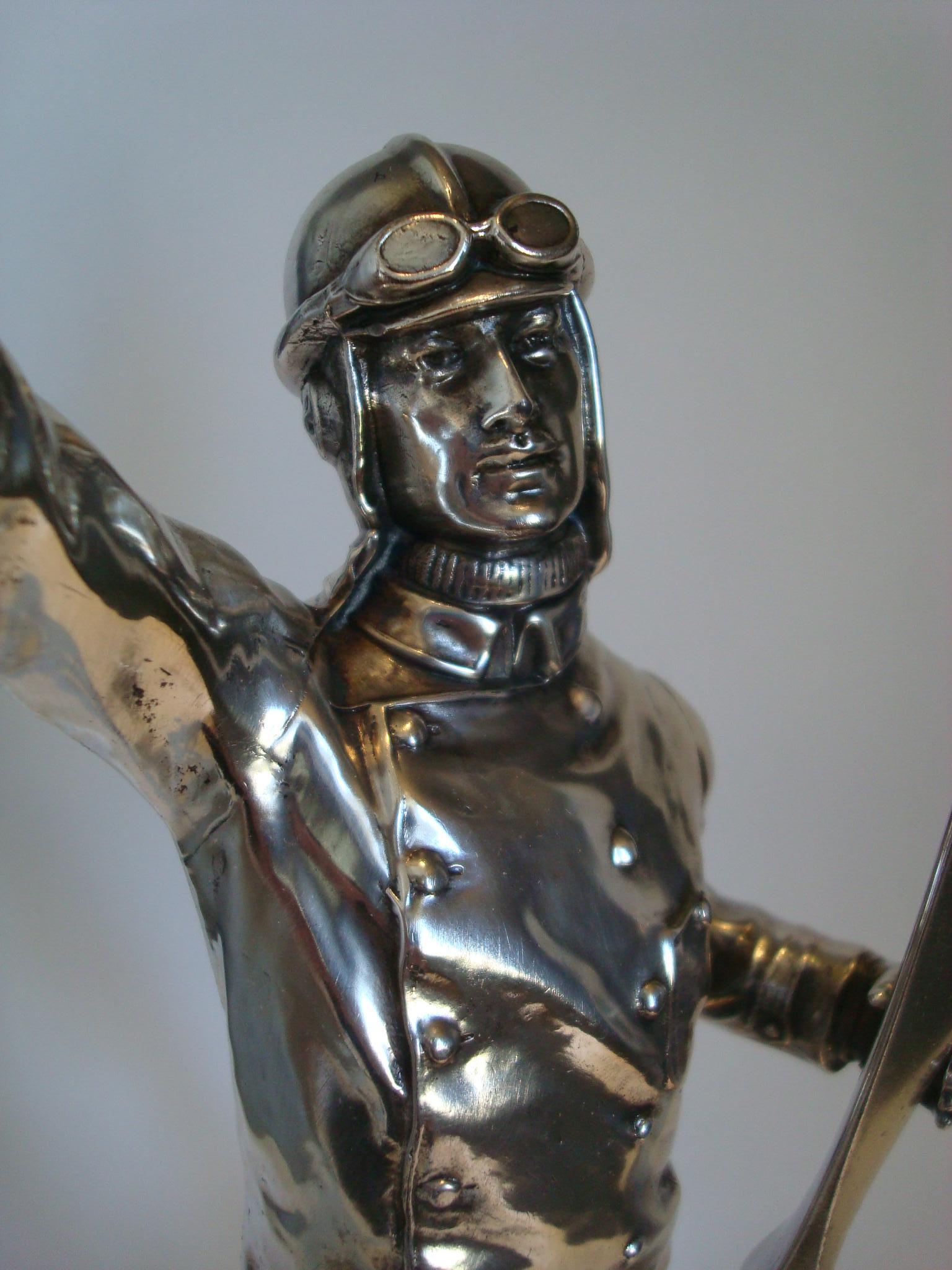 Early Aviation Pilot Silvered Sculpture, France, 1910s 2
