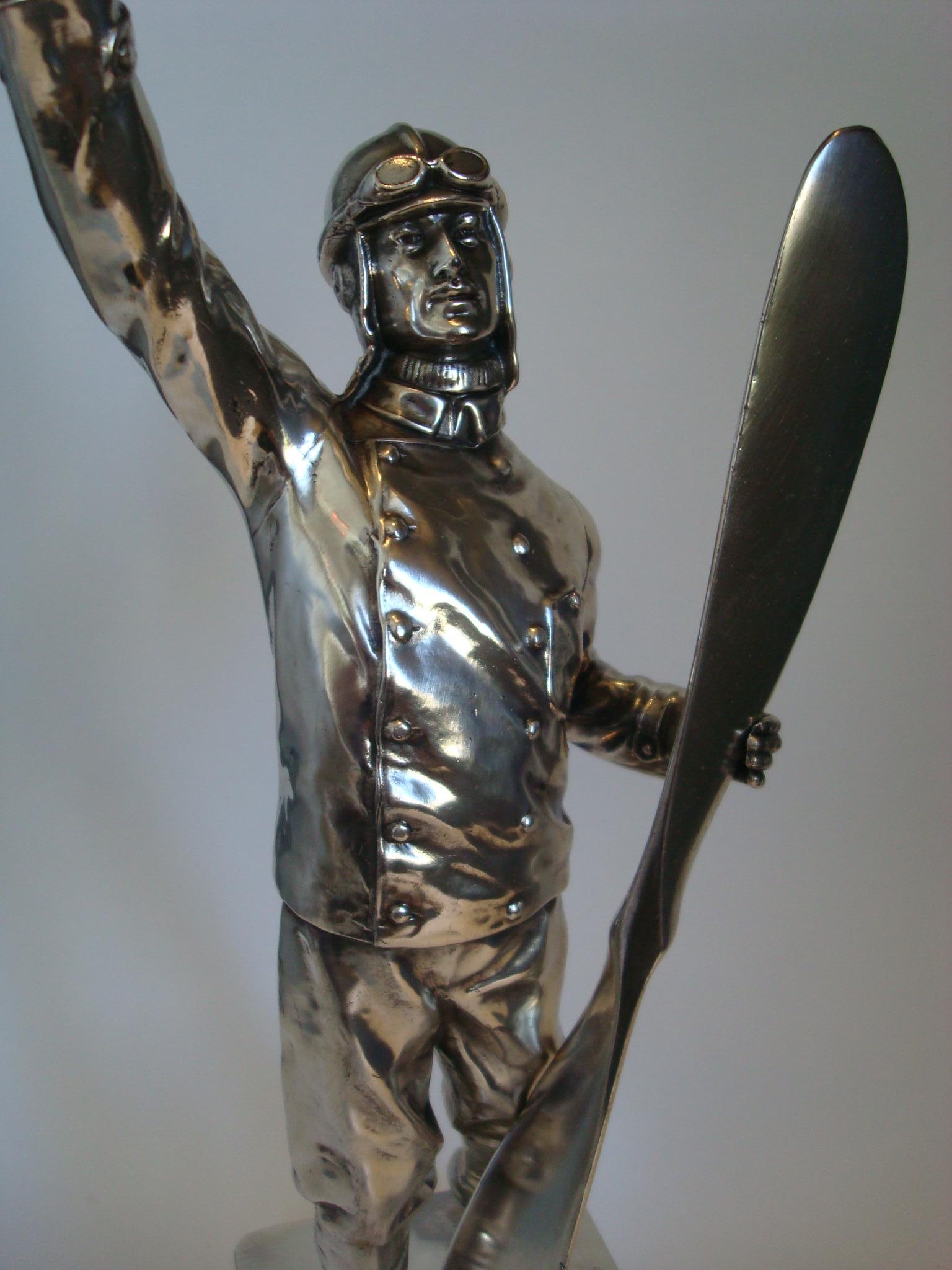 Early Aviation Pilot Silvered Sculpture, France, 1910s 3