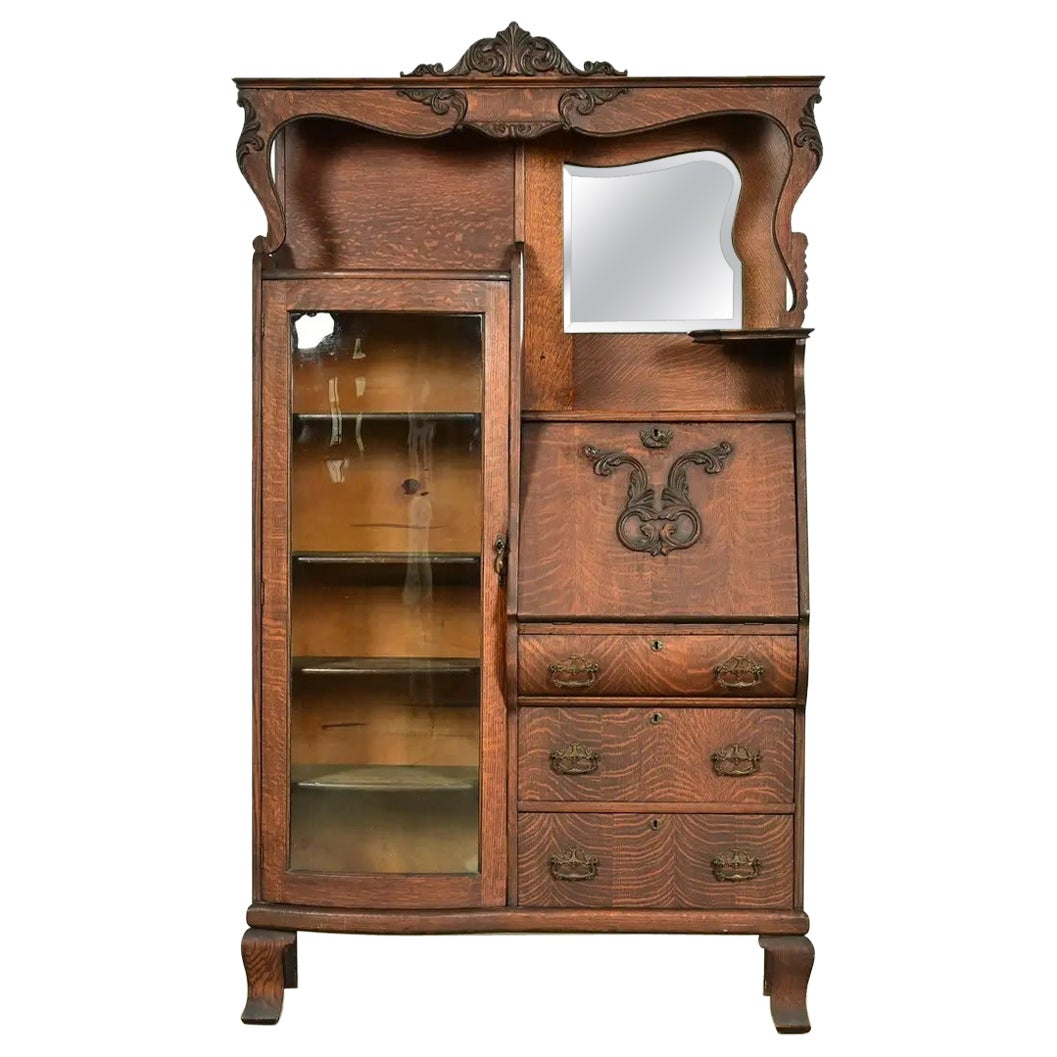 Early Baker Furniture Antique Victorian Carved Tiger Oak Side-by-Side Bookcase