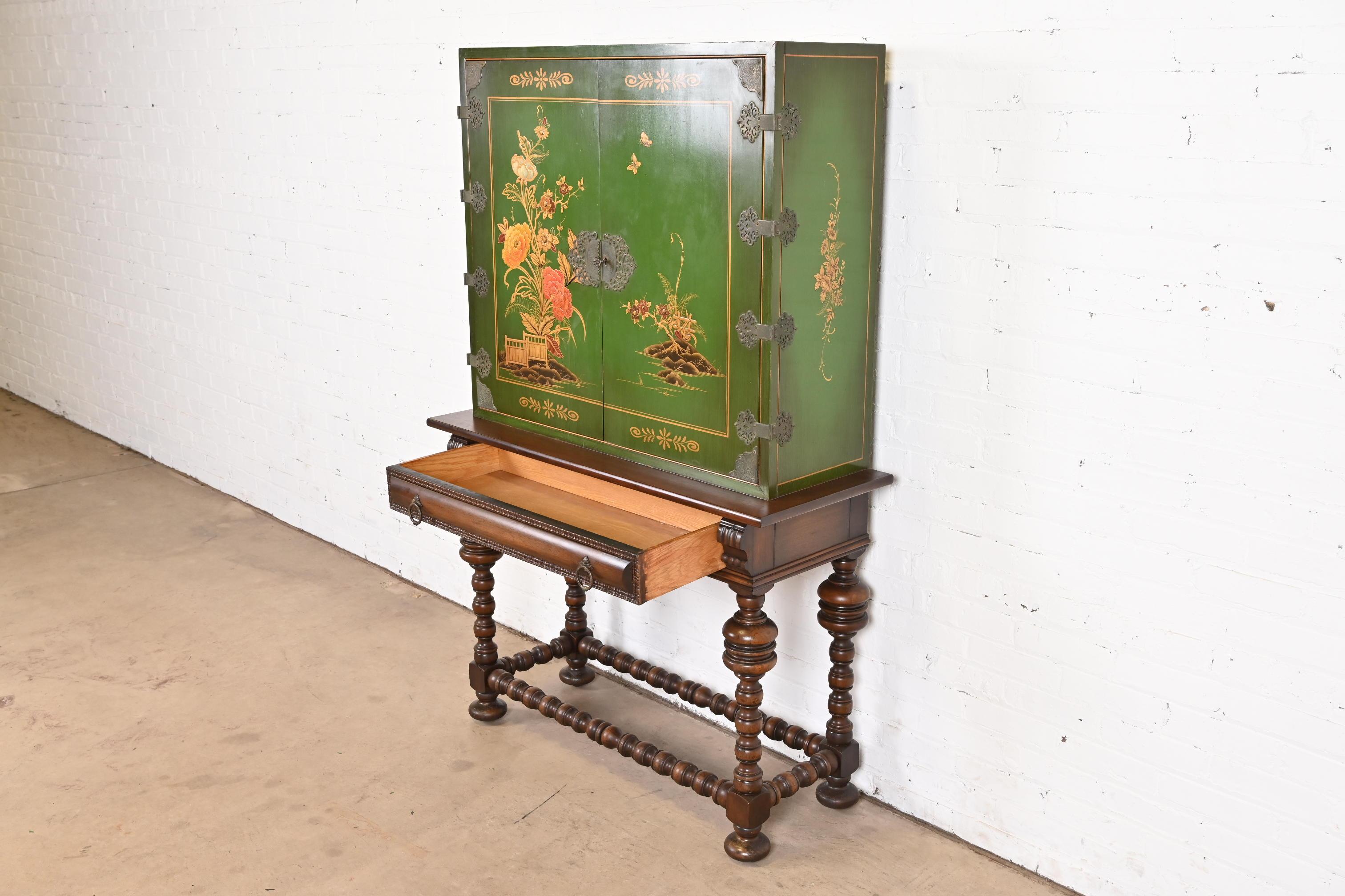 Early Baker Furniture Chinoiserie Jacobean Hand Painted Bookcase or Bar Cabinet 5