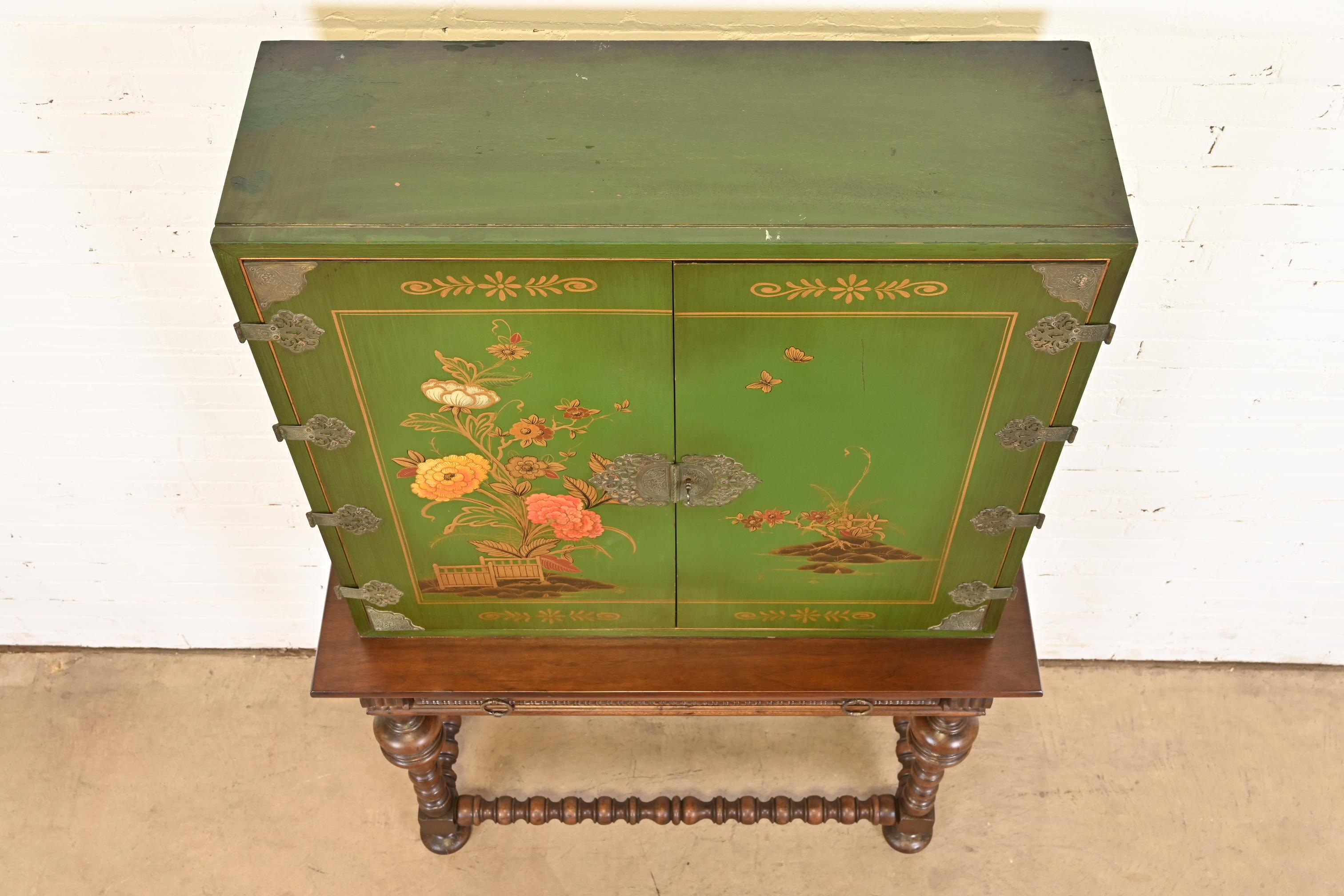 Early Baker Furniture Chinoiserie Jacobean Hand Painted Bookcase or Bar Cabinet 11