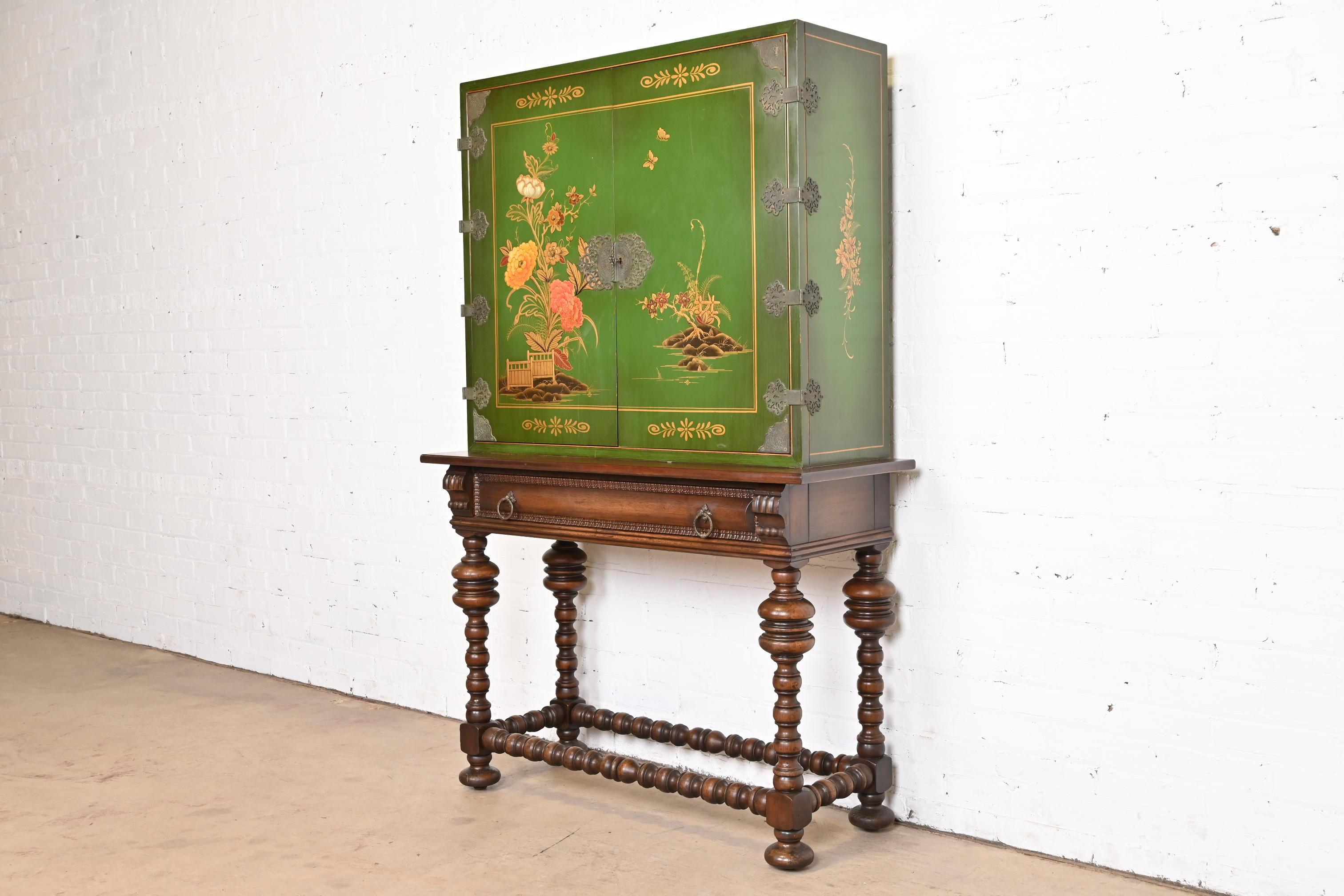 American Early Baker Furniture Chinoiserie Jacobean Hand Painted Bookcase or Bar Cabinet