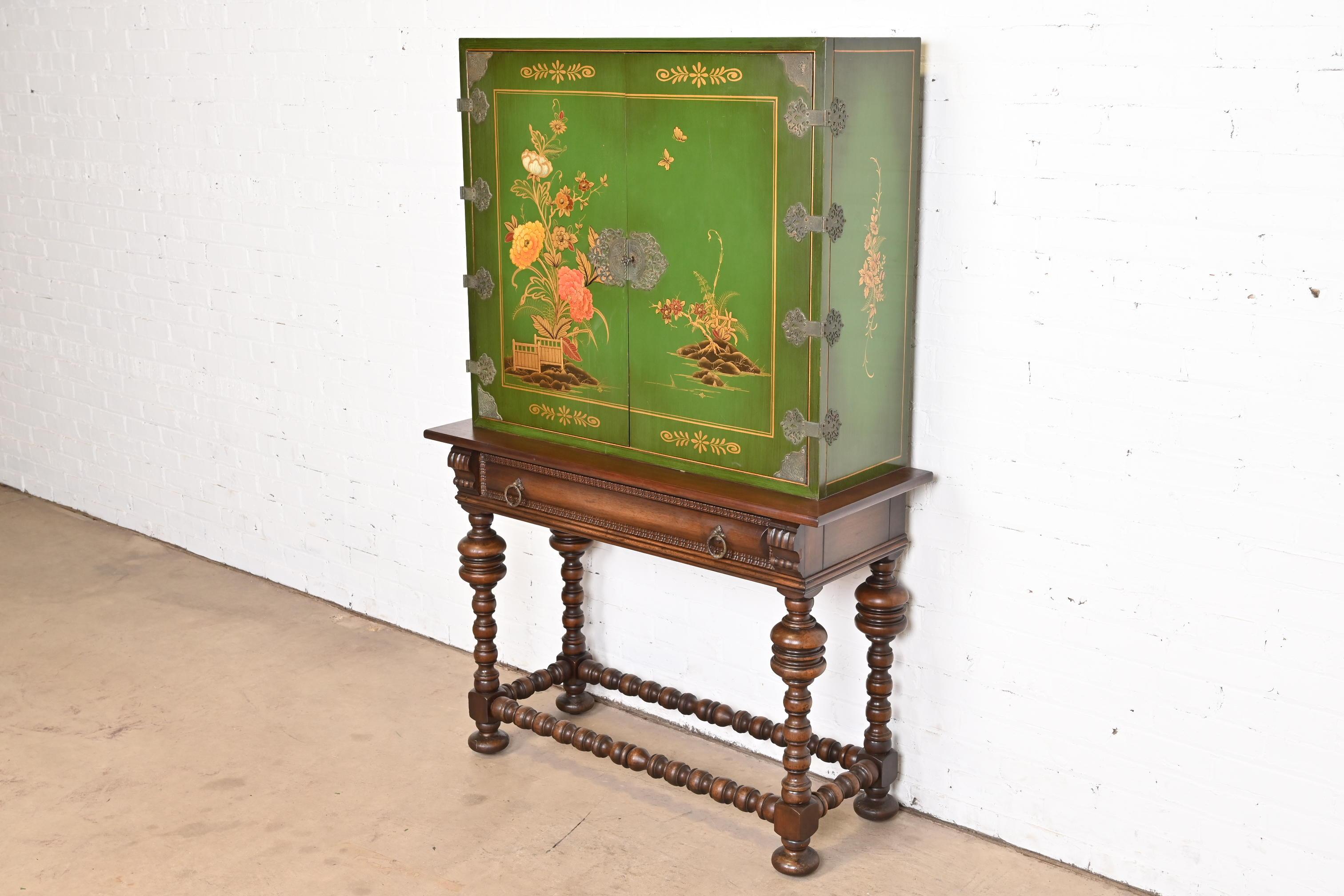 Early Baker Furniture Chinoiserie Jacobean Hand Painted Bookcase or Bar Cabinet In Good Condition In South Bend, IN