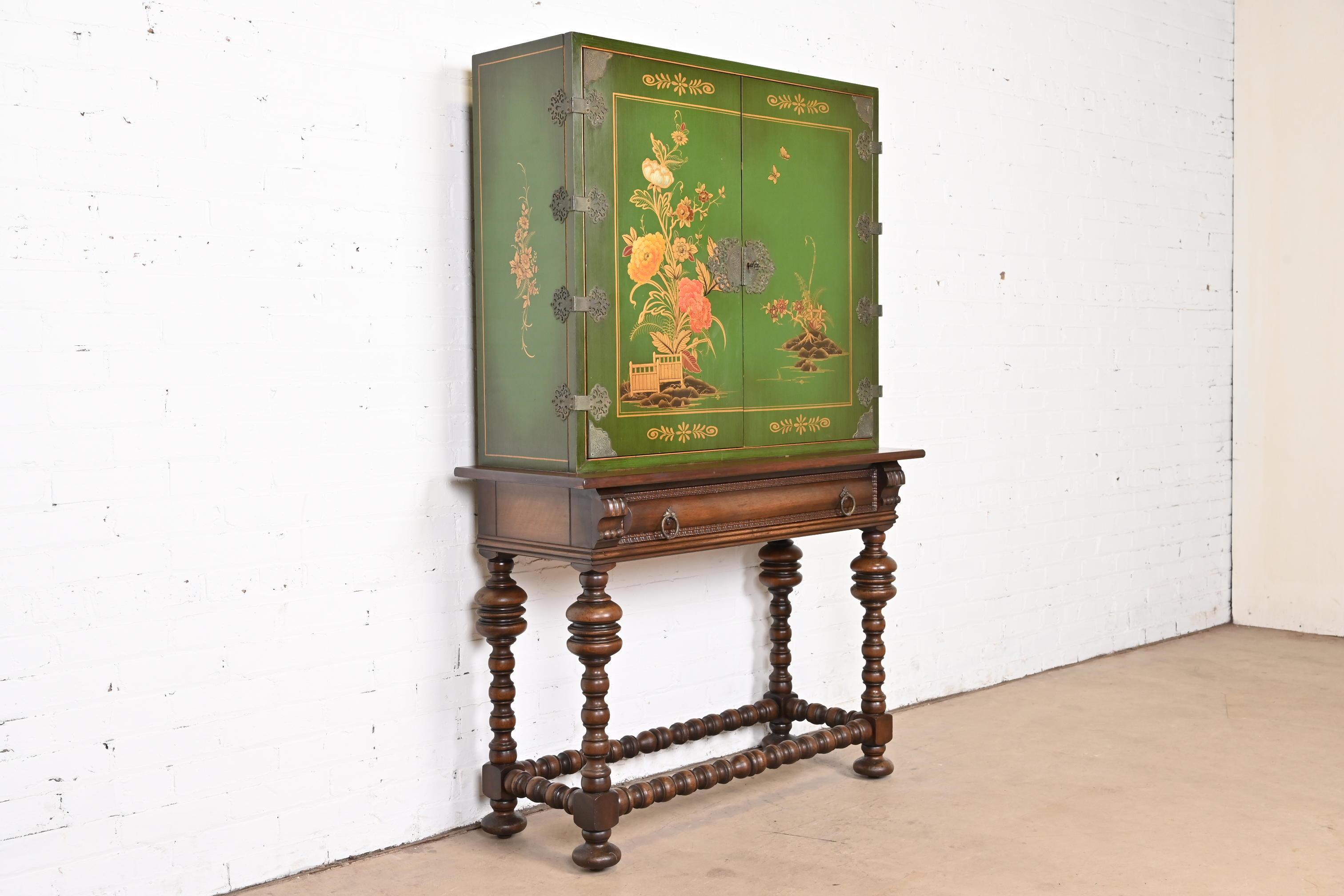 Early 20th Century Early Baker Furniture Chinoiserie Jacobean Hand Painted Bookcase or Bar Cabinet