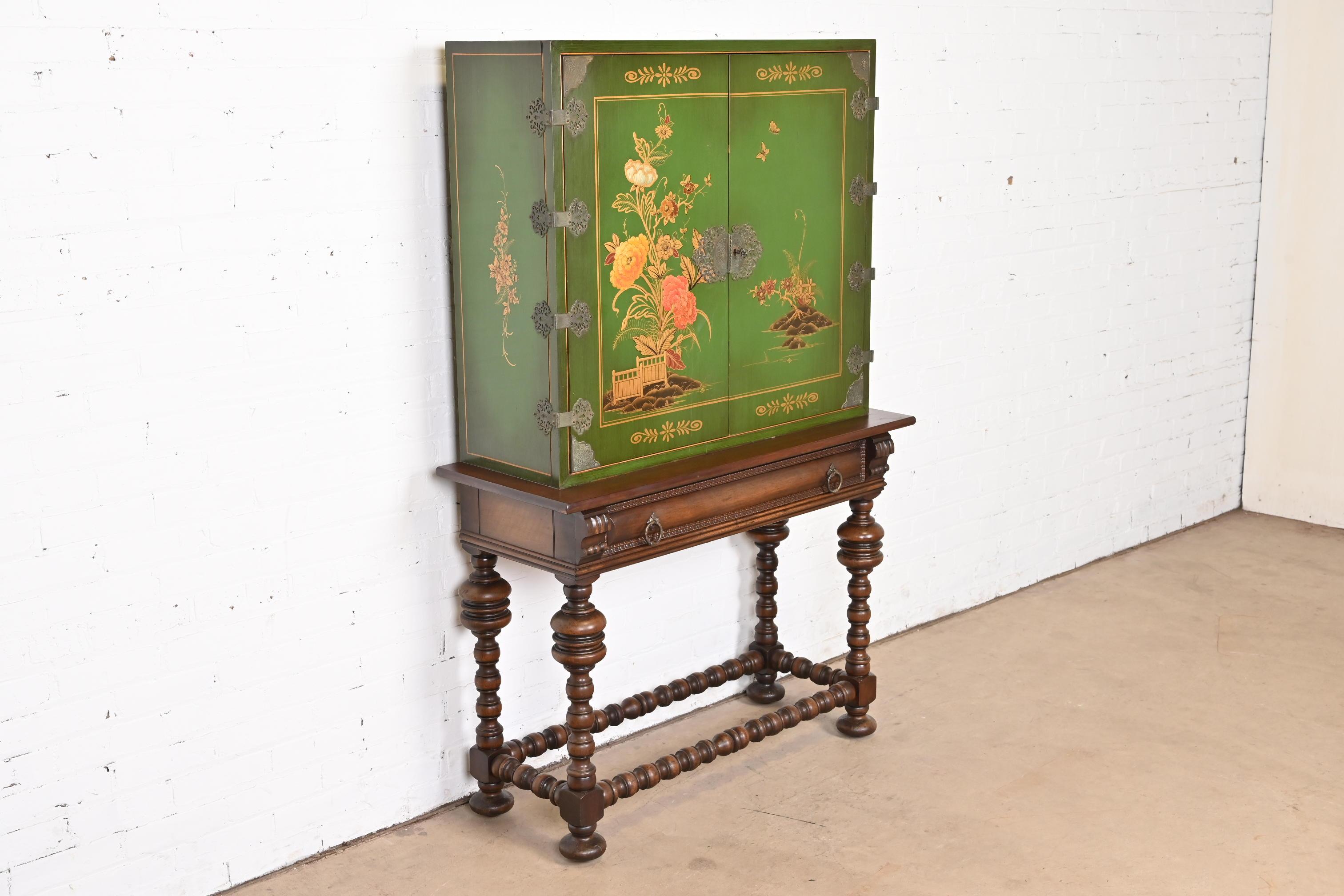 Brass Early Baker Furniture Chinoiserie Jacobean Hand Painted Bookcase or Bar Cabinet