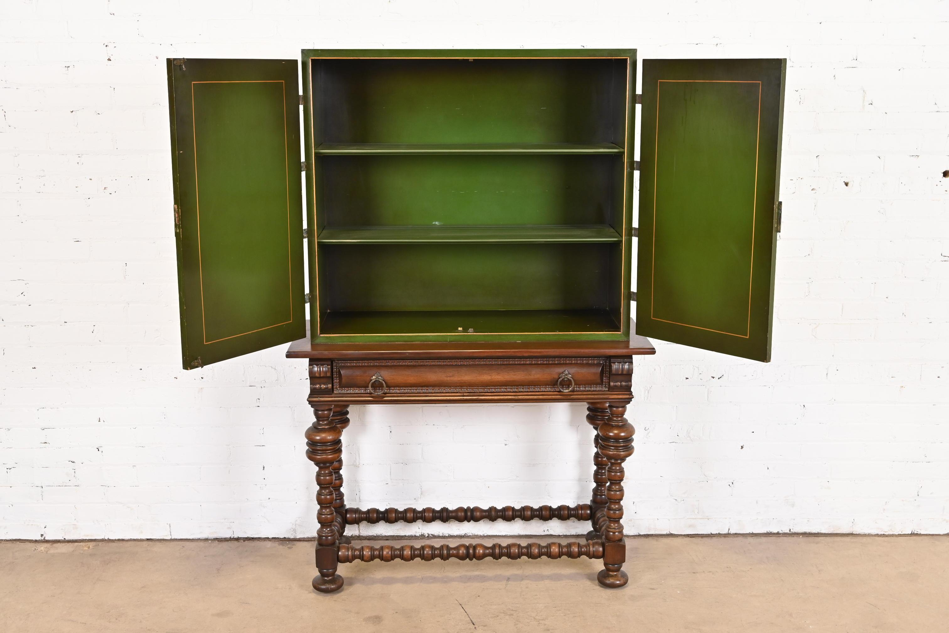 Early Baker Furniture Chinoiserie Jacobean Hand Painted Bookcase or Bar Cabinet 1