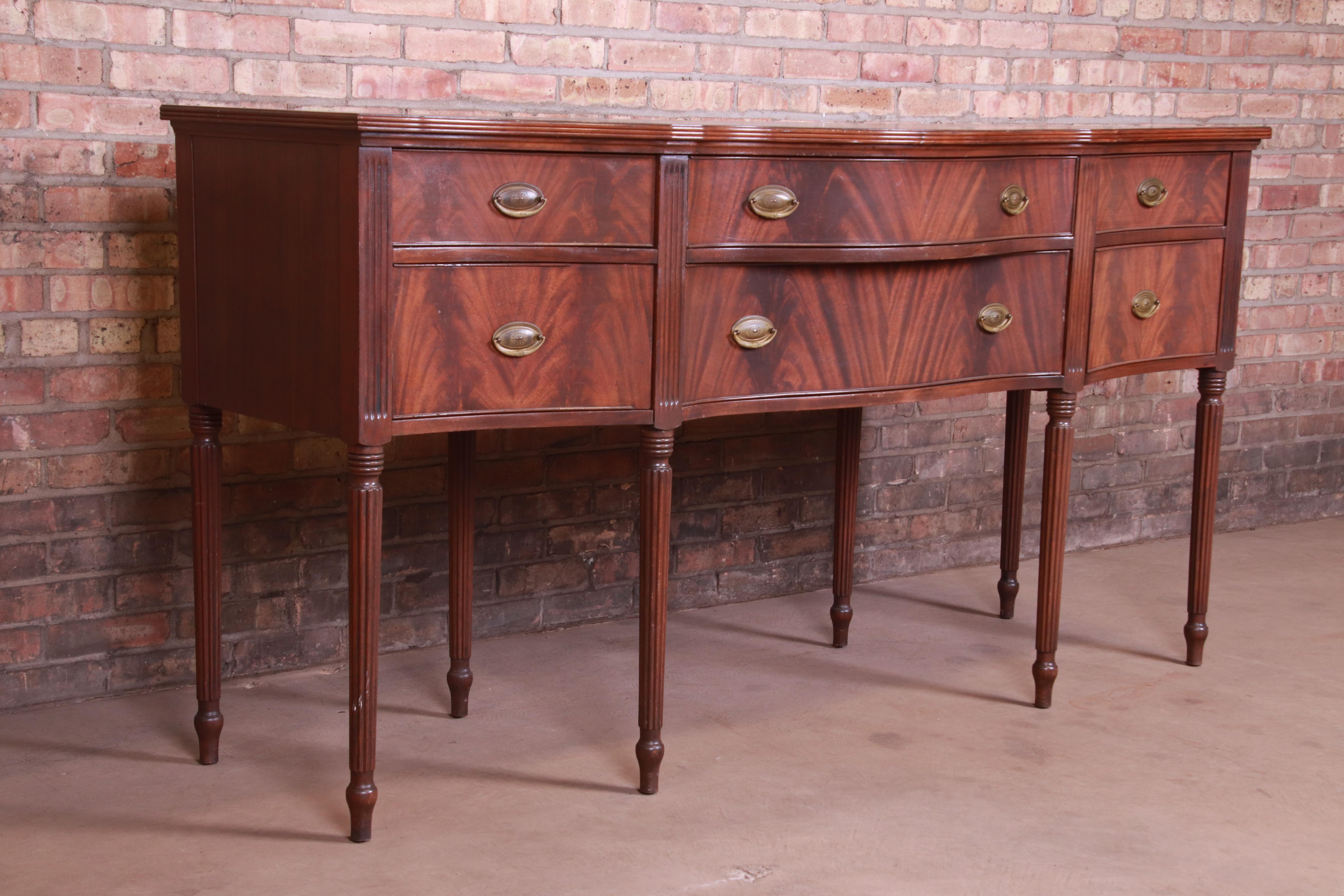 Brass Early Baker Furniture Flame Mahogany Hepplewhite Sideboard Credenza, circa 1920s