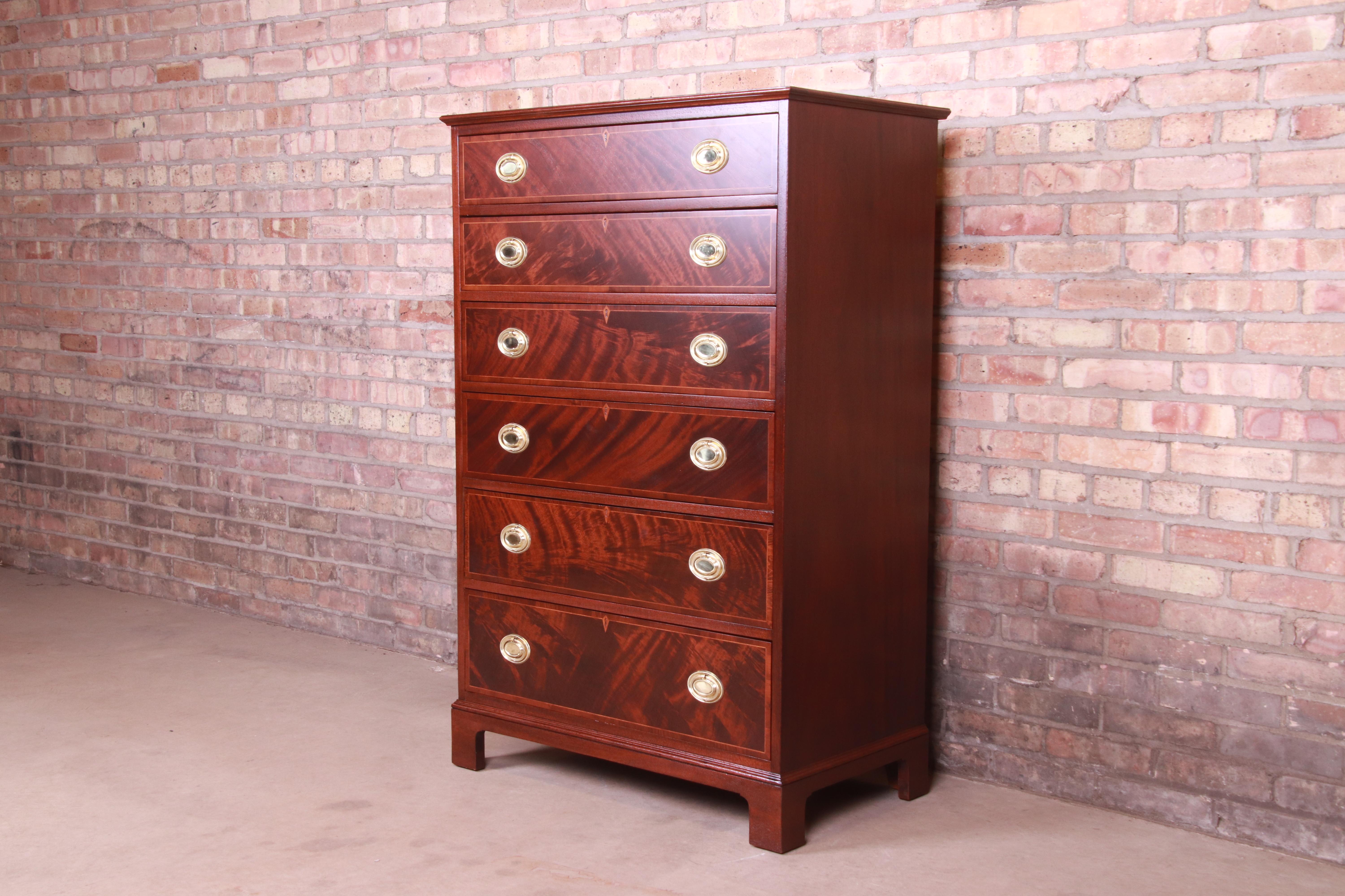 Early Baker Furniture Georgian Flame Mahogany Highboy Dresser, Newly Refinished In Good Condition In South Bend, IN