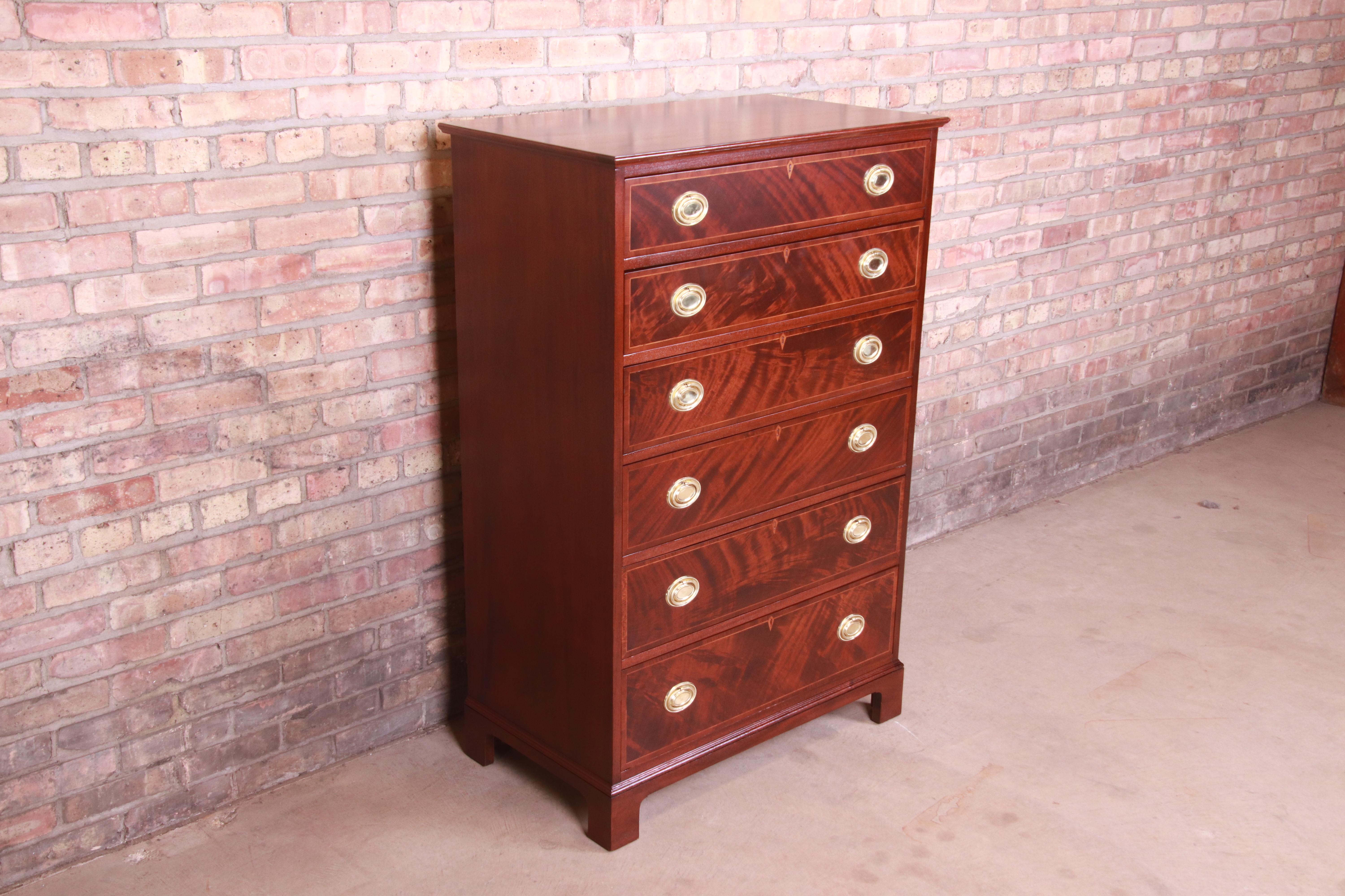 20th Century Early Baker Furniture Georgian Flame Mahogany Highboy Dresser, Newly Refinished