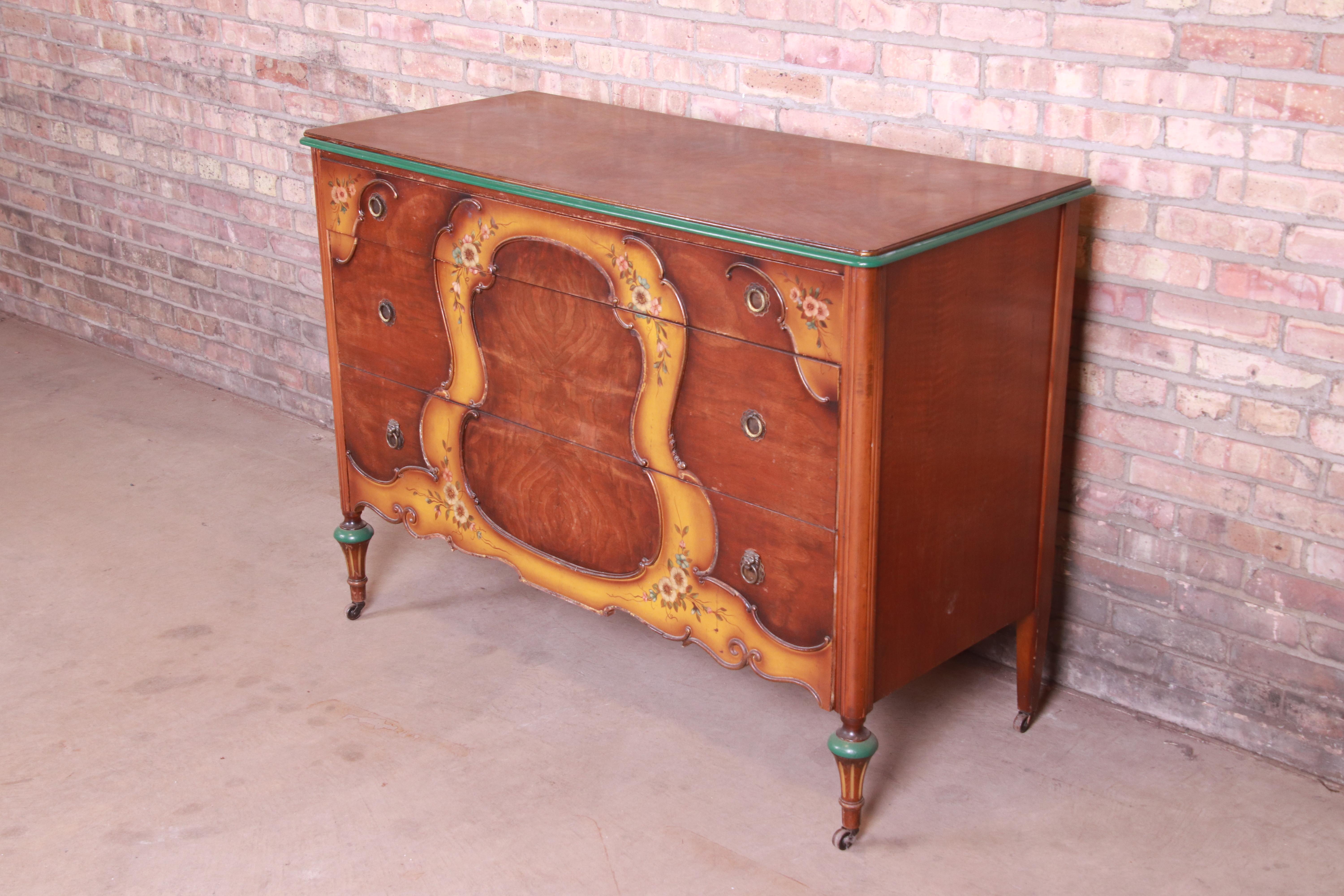 American Early Baker Furniture Louis XVI Burled Walnut and Hand Painted Dresser, 1920s