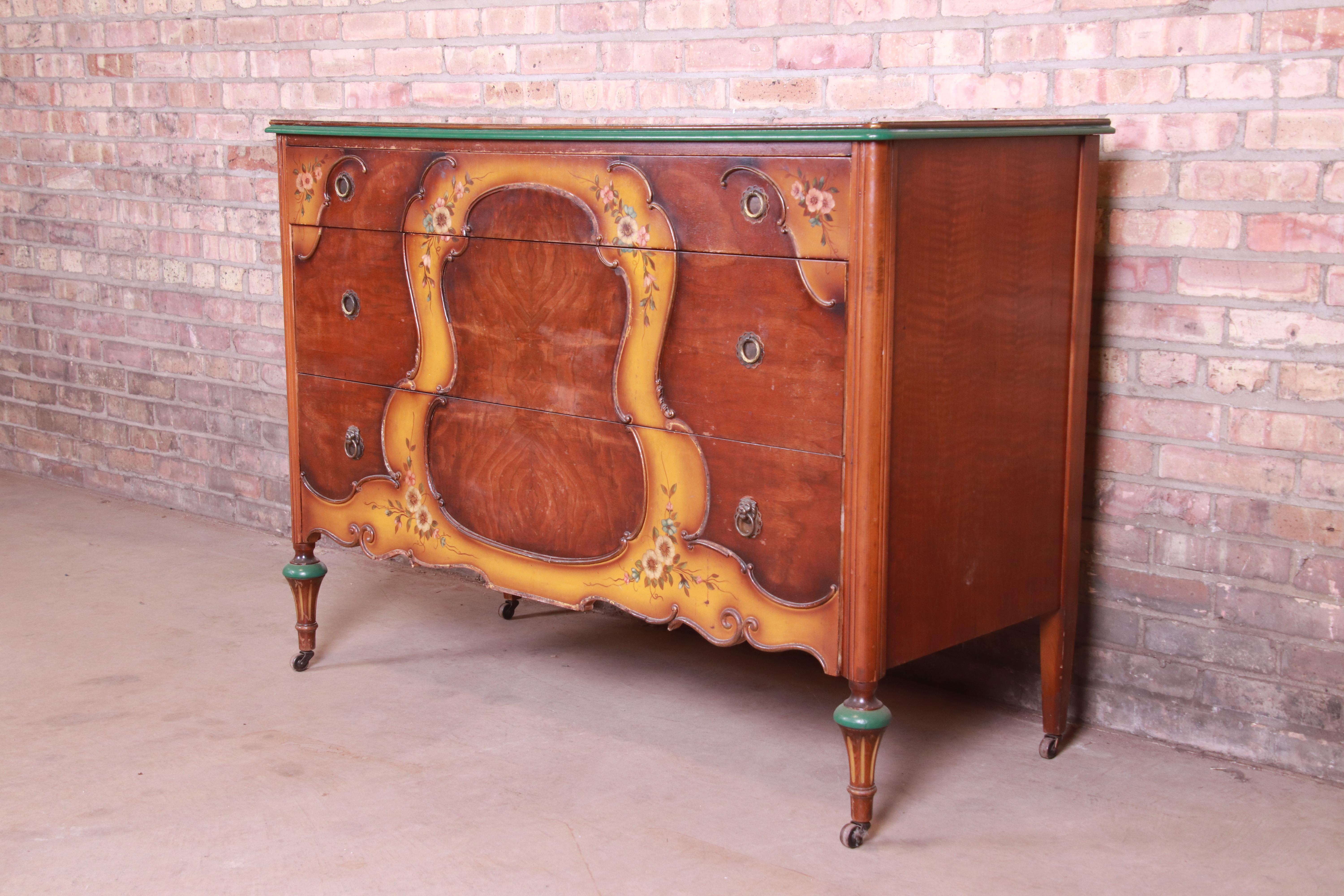 Early Baker Furniture Louis XVI Burled Walnut and Hand Painted Dresser, 1920s In Good Condition In South Bend, IN