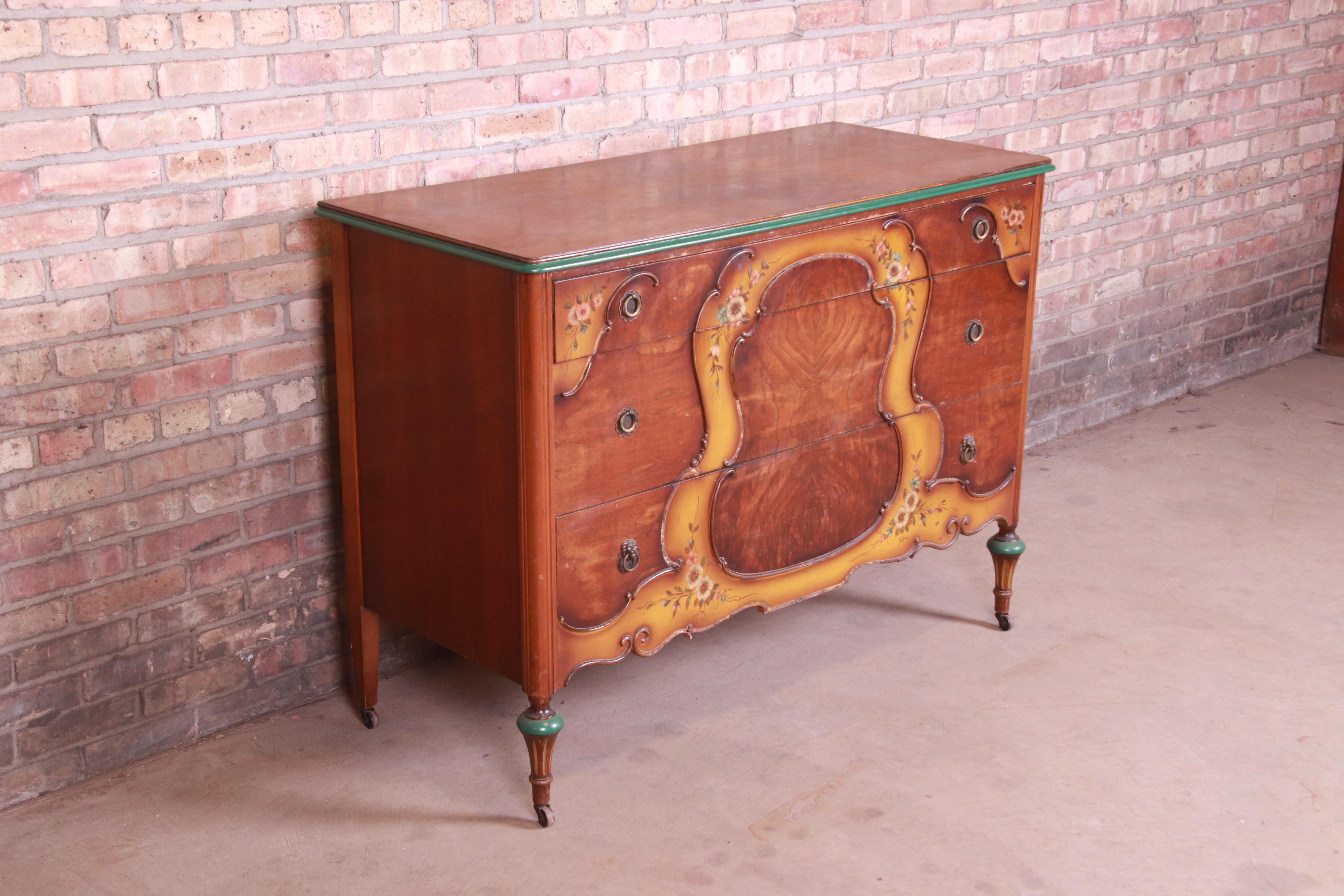Early 20th Century Early Baker Furniture Louis XVI Burled Walnut and Hand Painted Dresser, 1920s