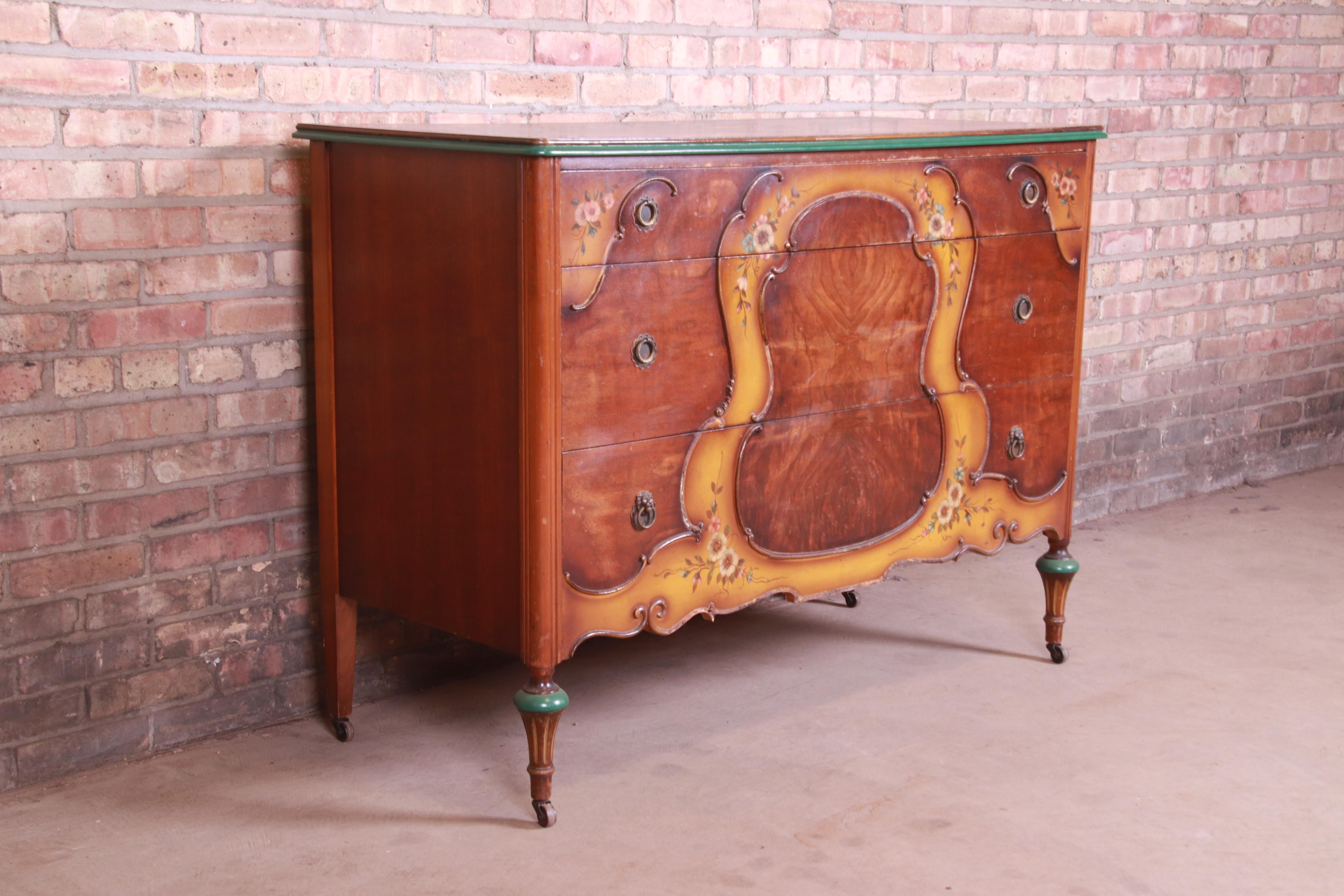 Brass Early Baker Furniture Louis XVI Burled Walnut and Hand Painted Dresser, 1920s