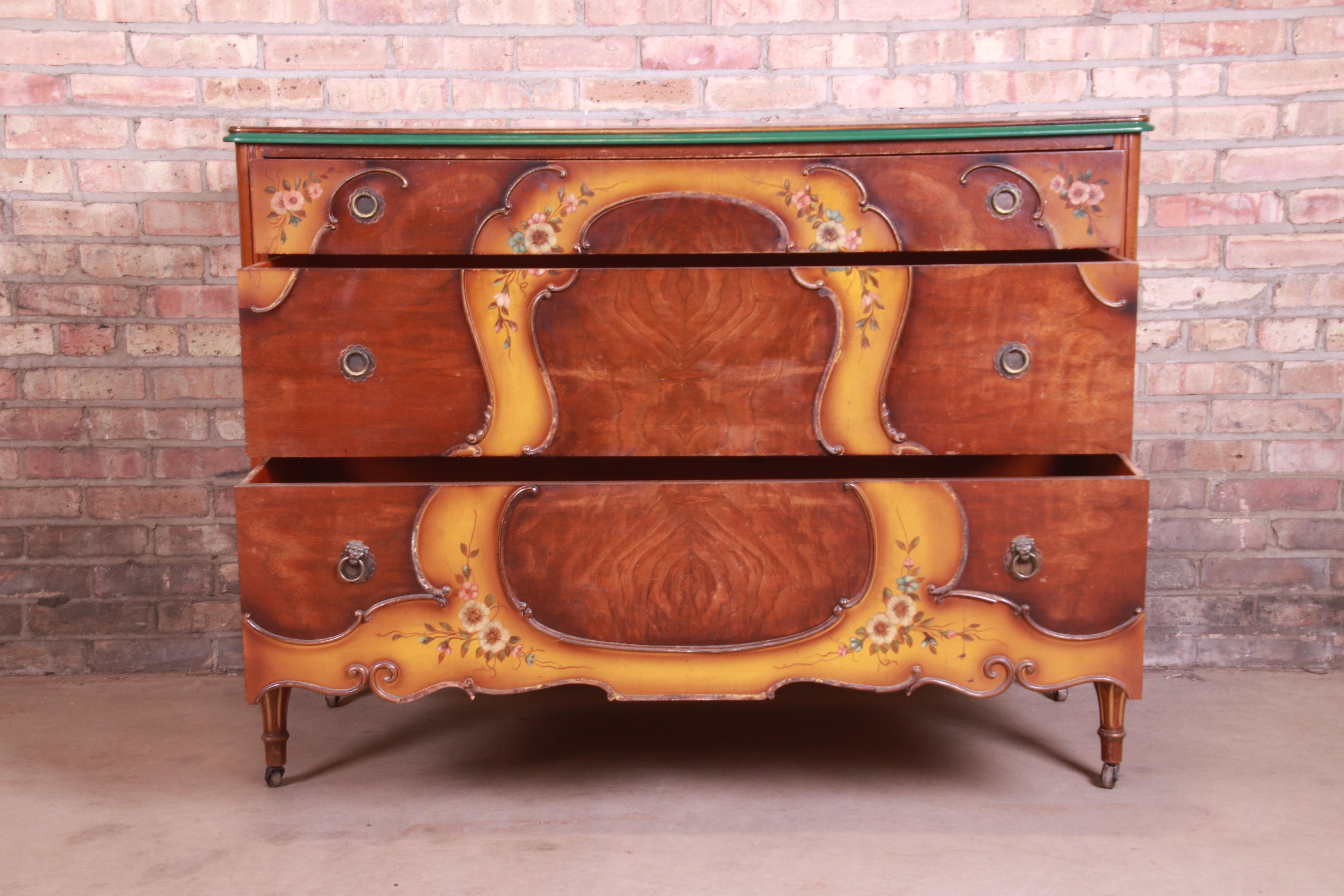 Early Baker Furniture Louis XVI Burled Walnut and Hand Painted Dresser, 1920s 1