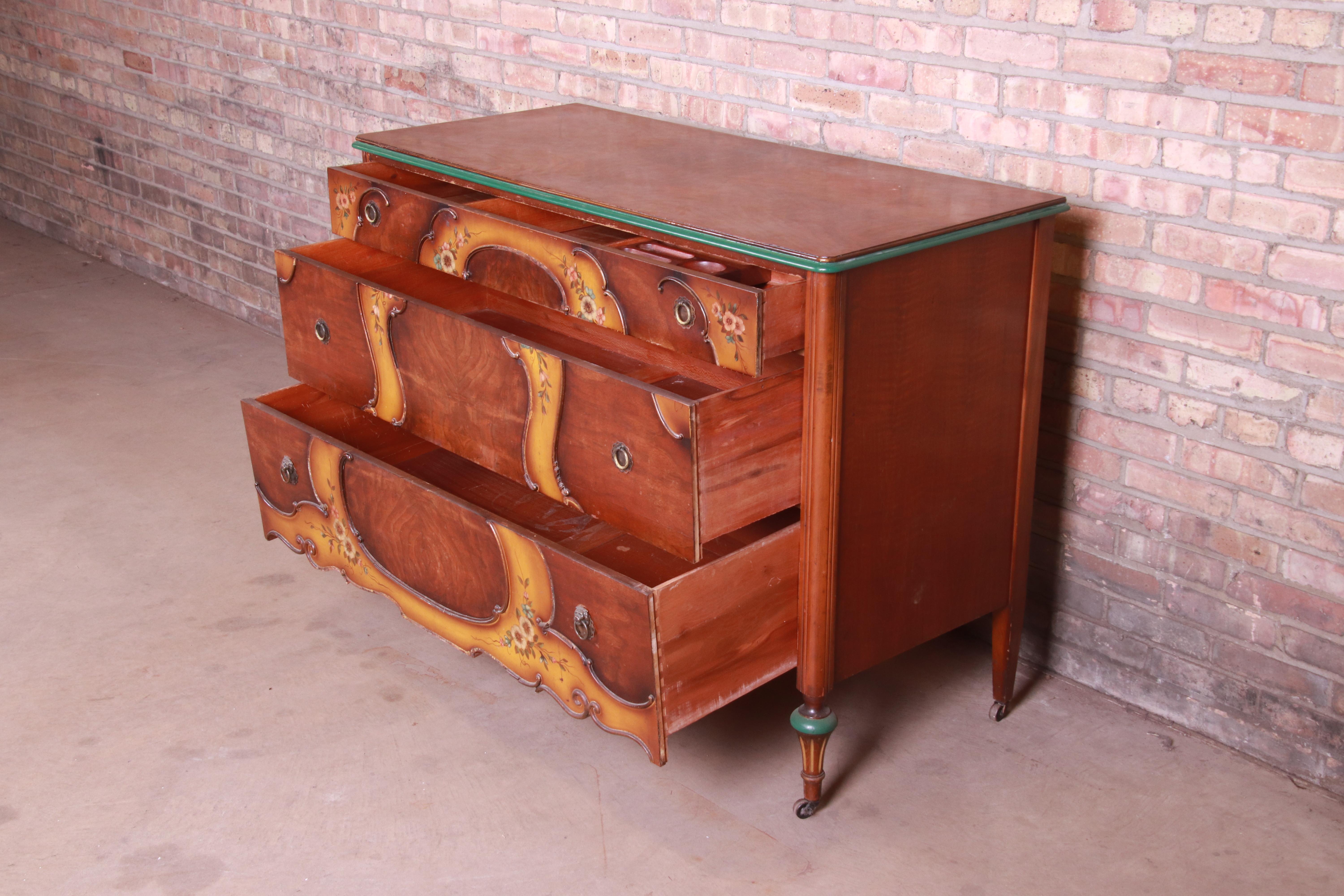 Early Baker Furniture Louis XVI Burled Walnut and Hand Painted Dresser, 1920s 2