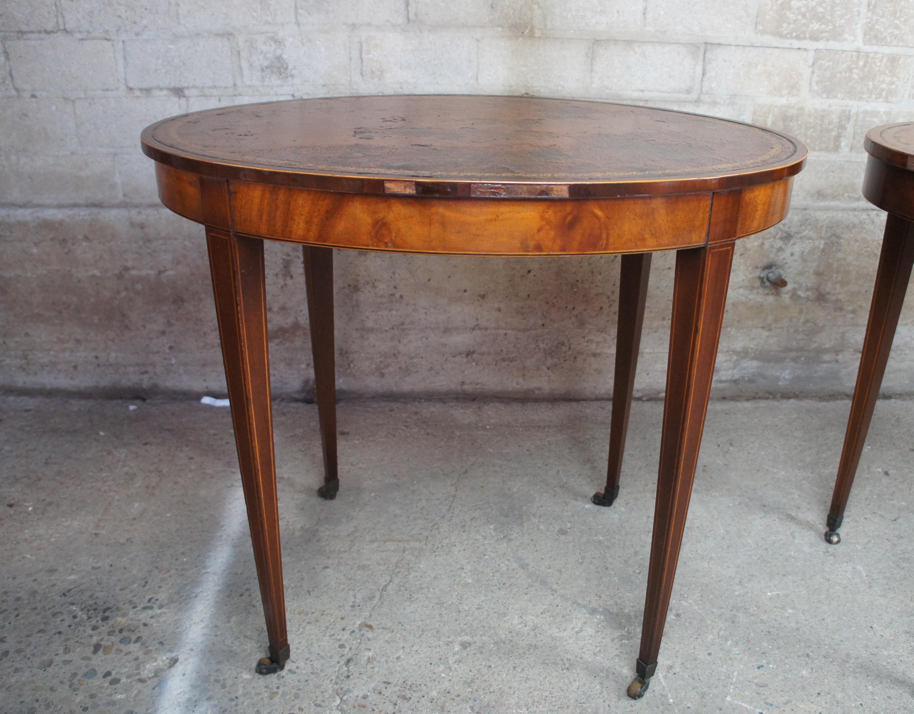 2 Baker Mahogany & Tooled Leather Inlaid Sheraton Oval Side Tables Hepplewhite 5