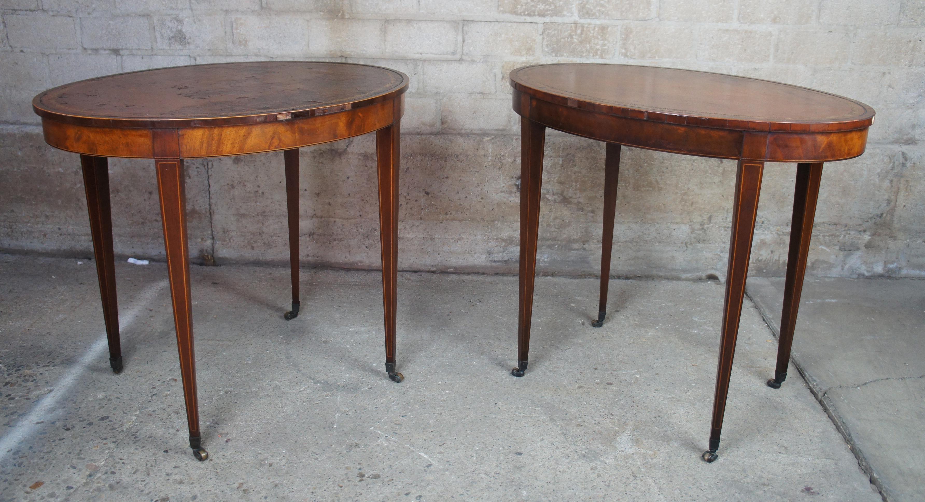 2 Baker Mahogany & Tooled Leather Inlaid Sheraton Oval Side Tables Hepplewhite 6