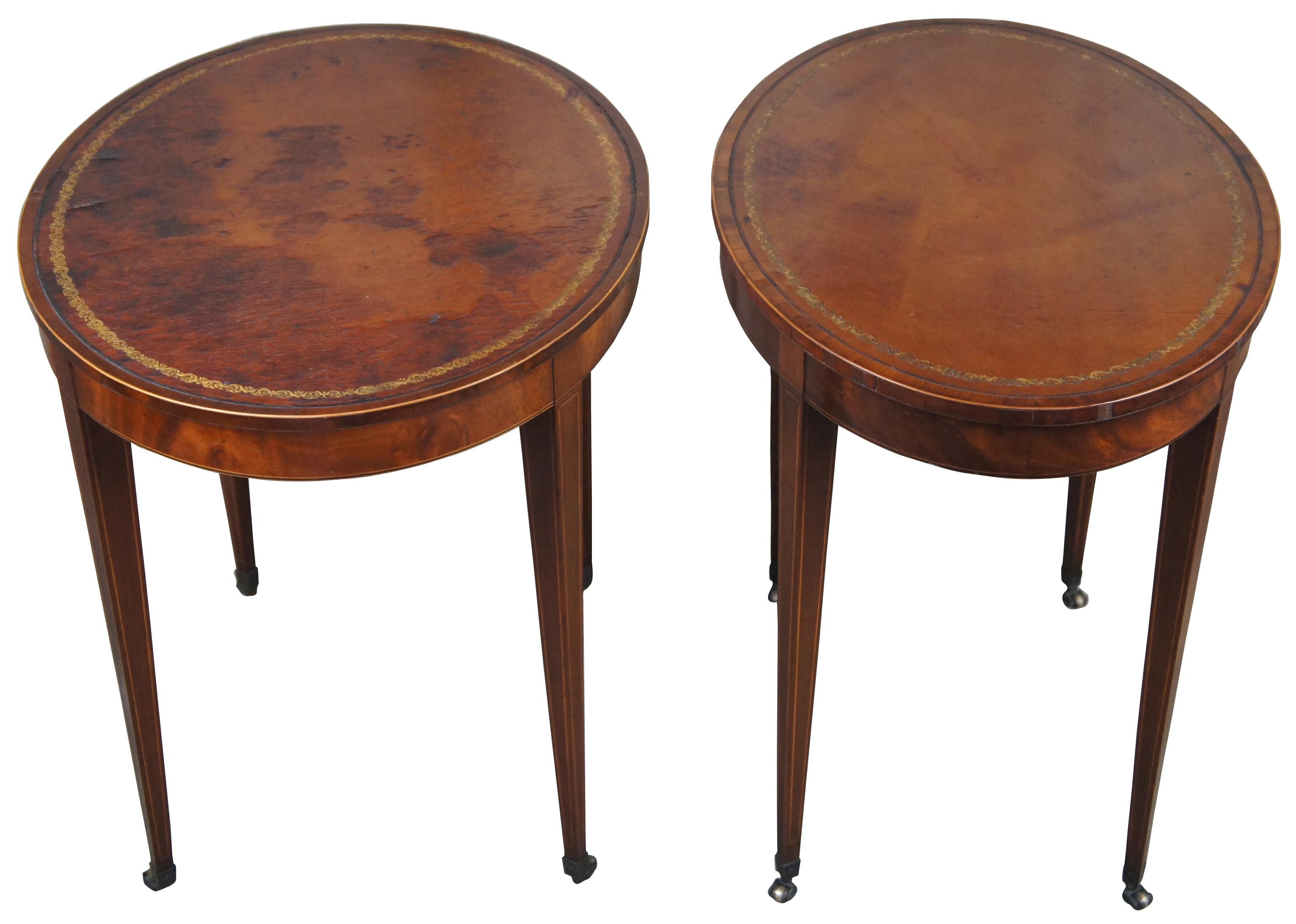 American 2 Baker Mahogany & Tooled Leather Inlaid Sheraton Oval Side Tables Hepplewhite