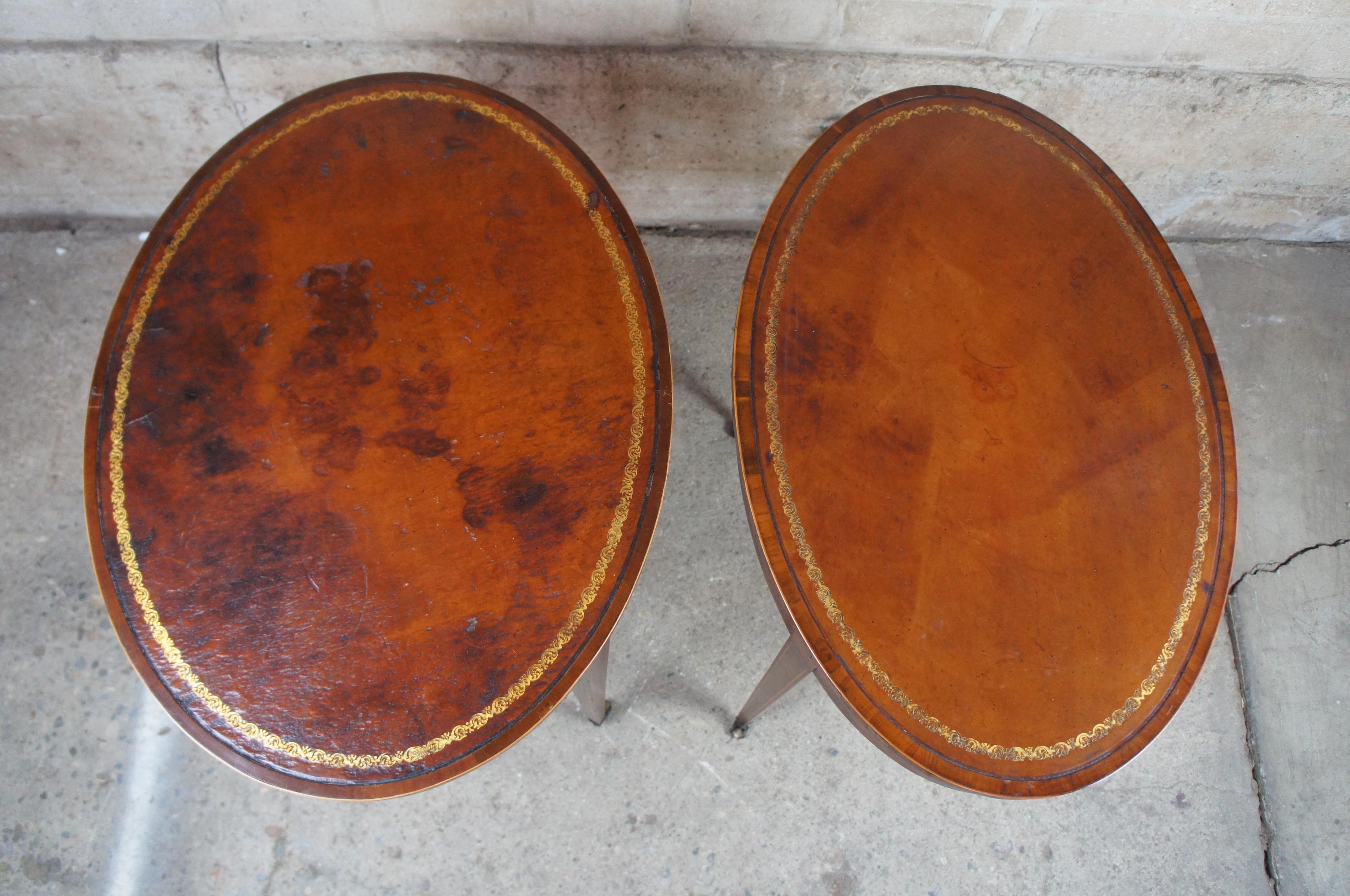 2 Baker Mahogany & Tooled Leather Inlaid Sheraton Oval Side Tables Hepplewhite In Good Condition In Dayton, OH