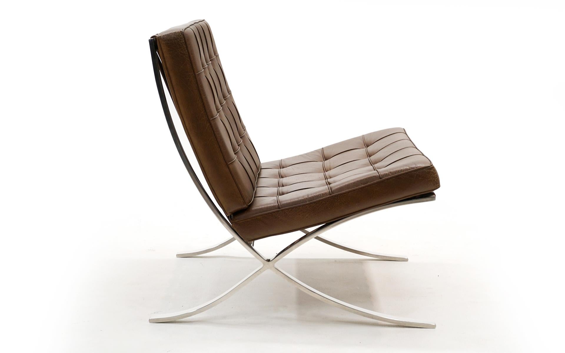 Mid-Century Modern Early Barcelona Chairs by Mies van Der Rohe for Knoll. Brown Leather & Stainless