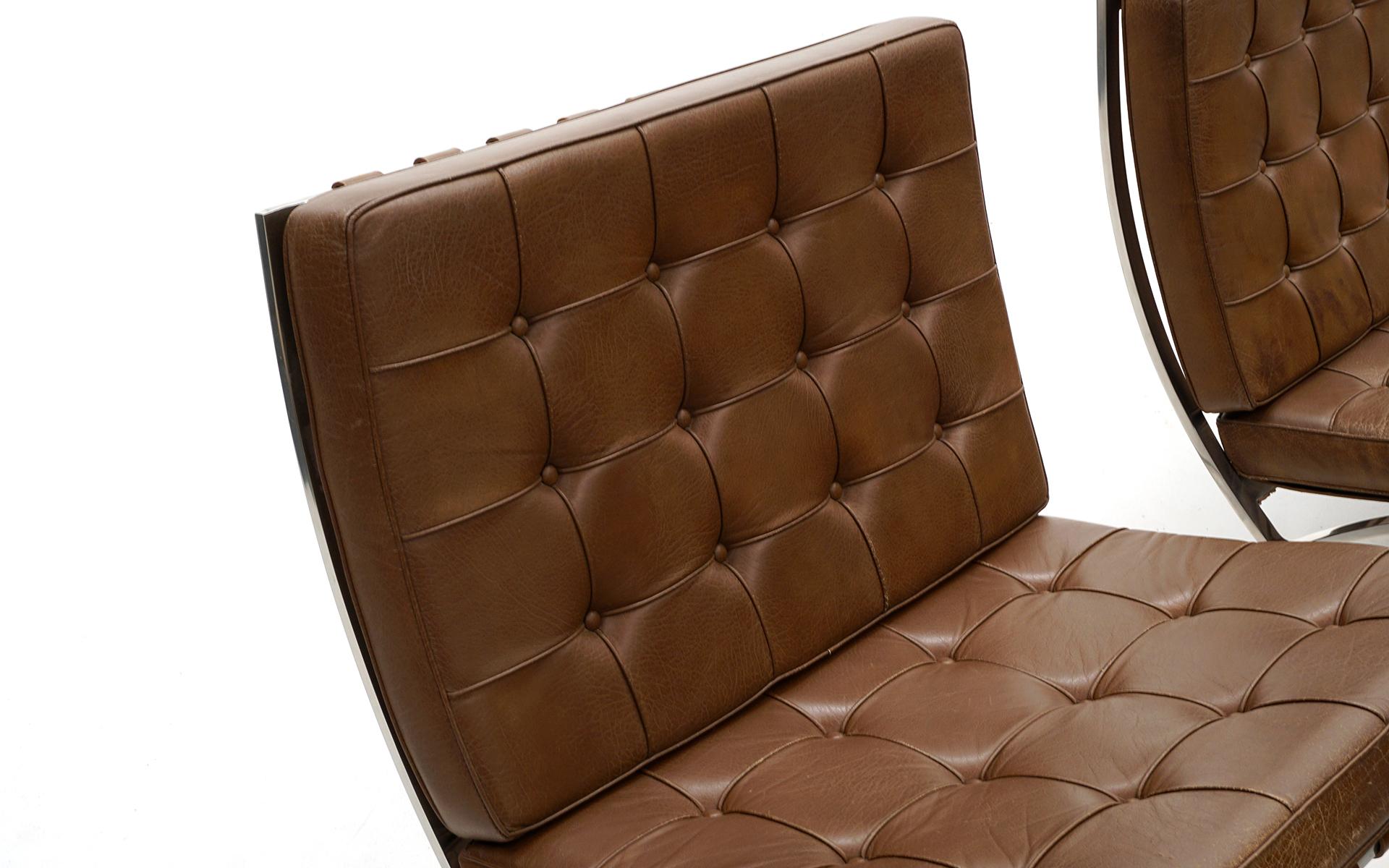 Mid-20th Century Early Barcelona Chairs by Mies van Der Rohe for Knoll. Brown Leather & Stainless