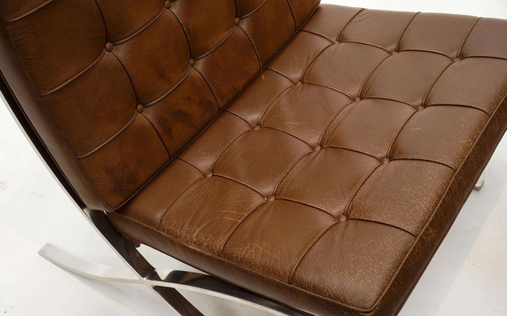 Stainless Steel Early Barcelona Chairs by Mies van Der Rohe for Knoll. Brown Leather & Stainless