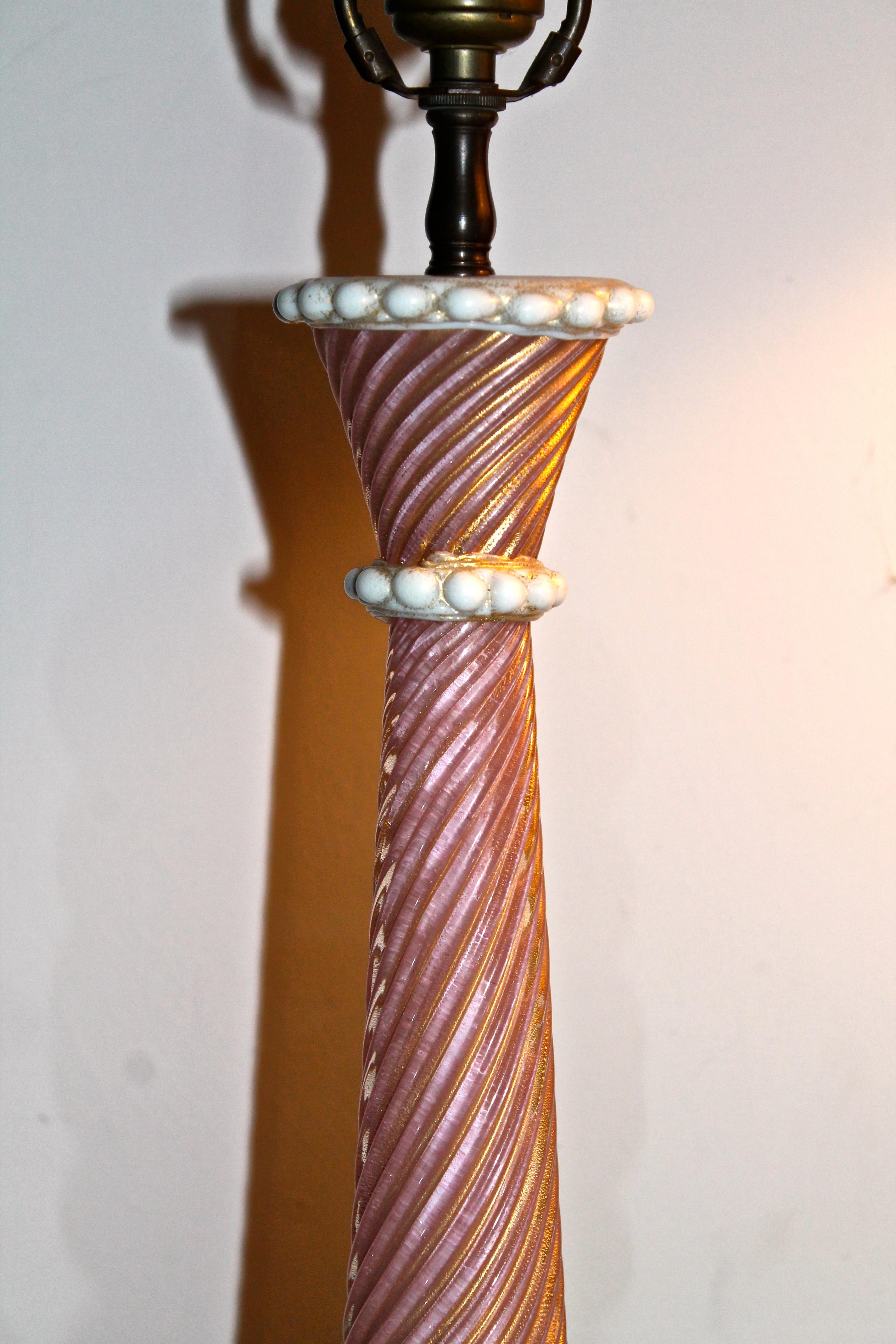 Early Signed Barovier & Toso Pink and White Pasta Vetri Table Lamp For Sale 3