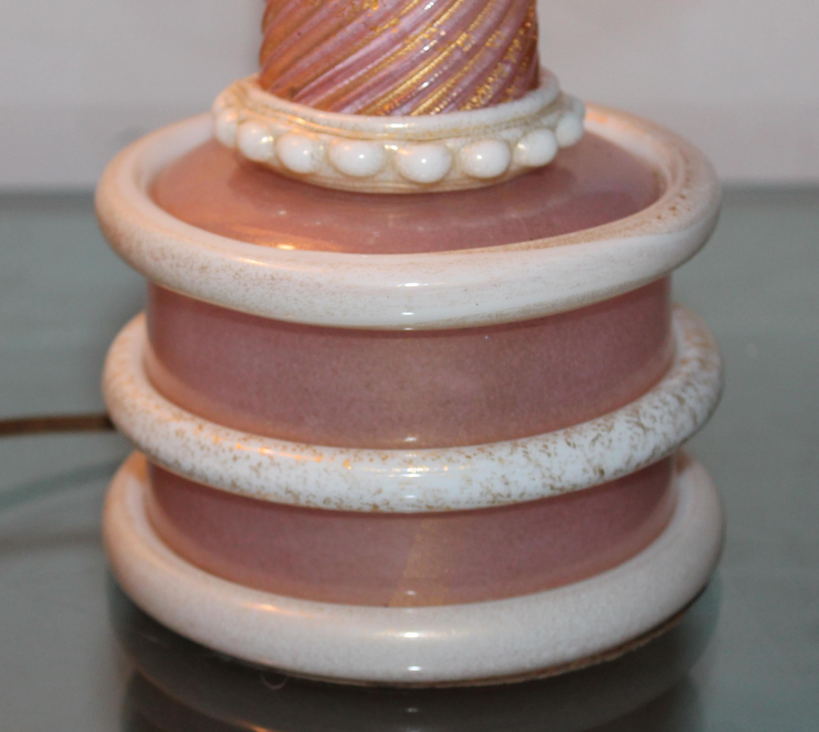 Hand-Crafted Early Signed Barovier & Toso Pink and White Pasta Vetri Table Lamp For Sale