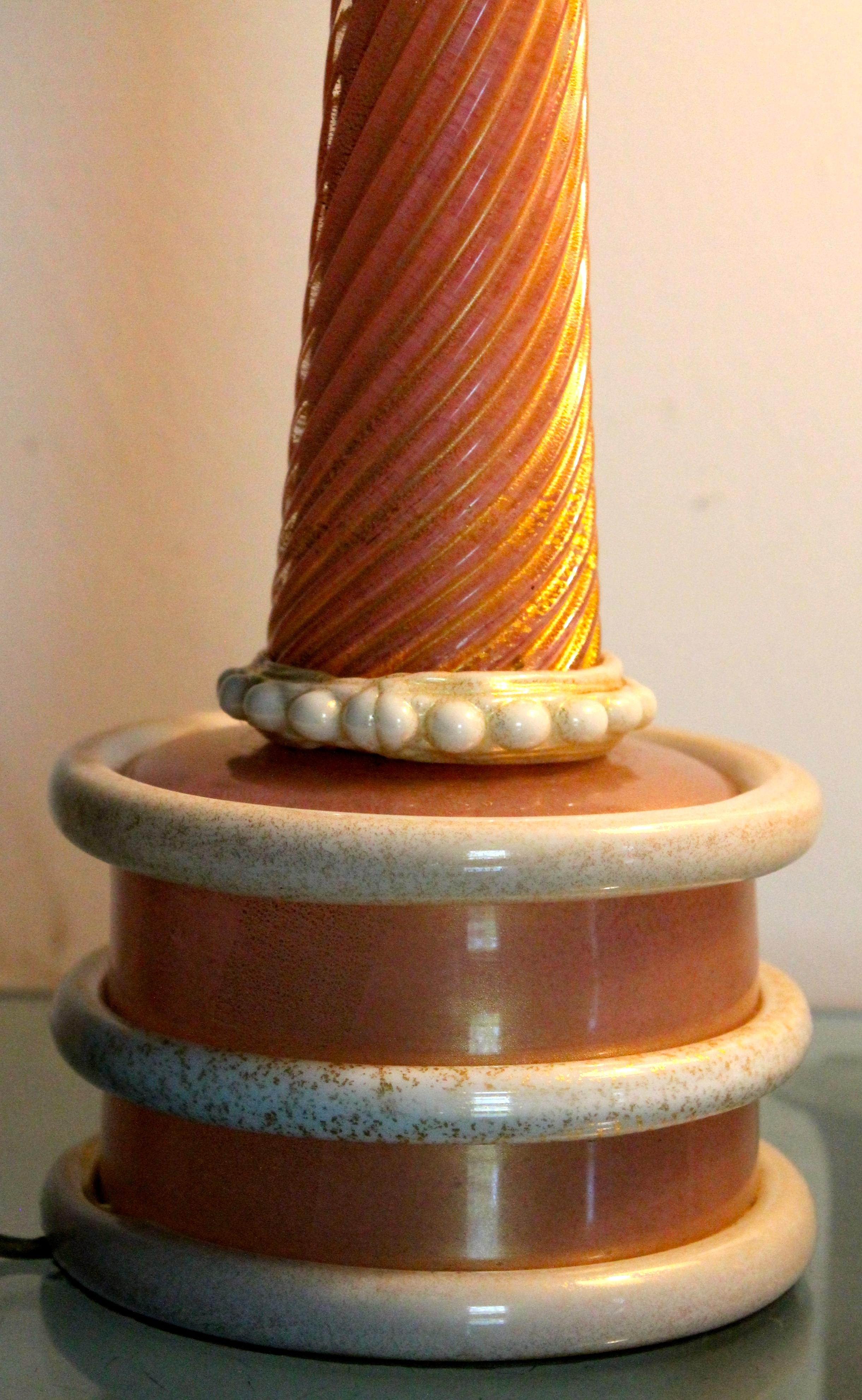 Mid-20th Century Early Signed Barovier & Toso Pink and White Pasta Vetri Table Lamp For Sale