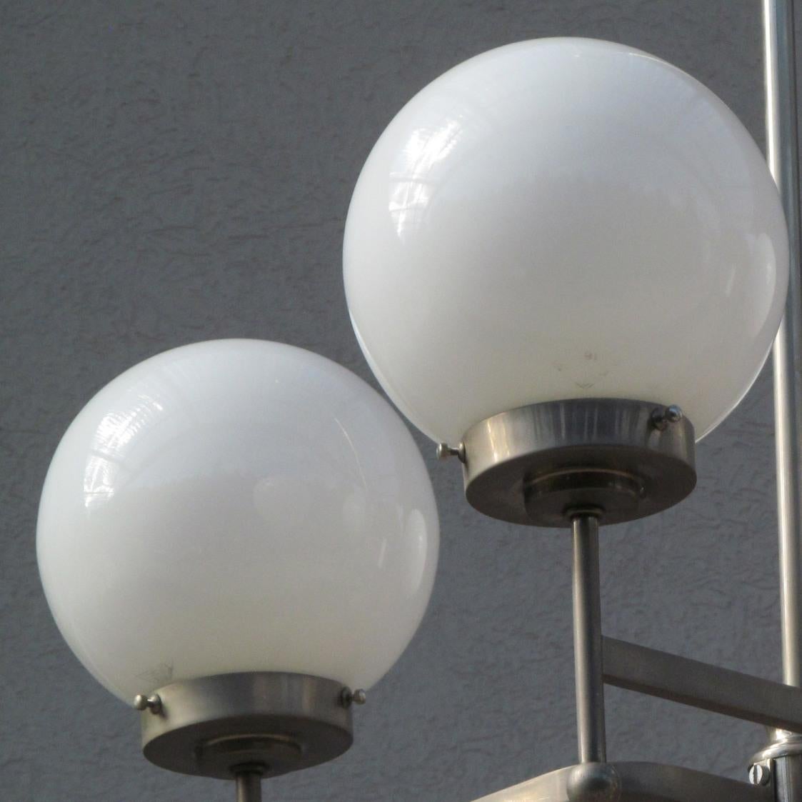 Early Bauhaus Four Opaline Sphere Lights Manji Shaped Chandelier, Germany, 1920s For Sale 4