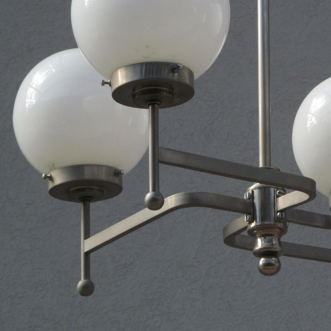 Early Bauhaus Four Opaline Sphere Lights Manji Shaped Chandelier, Germany, 1920s For Sale 5