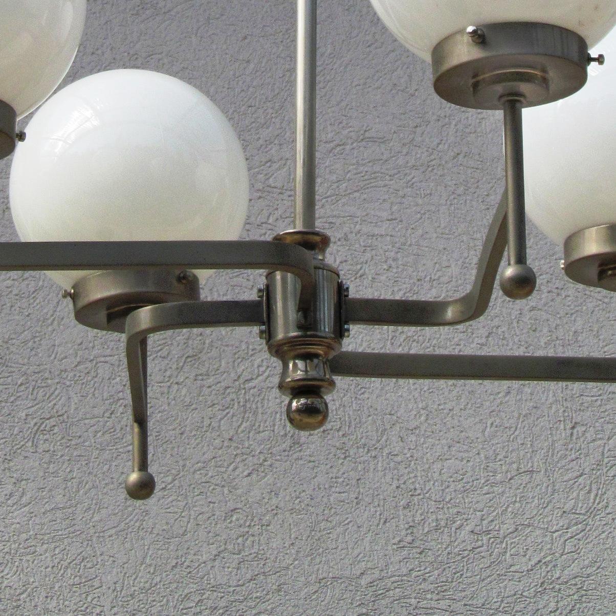 Early Bauhaus Four Opaline Sphere Lights Manji Shaped Chandelier, Germany, 1920s For Sale 10