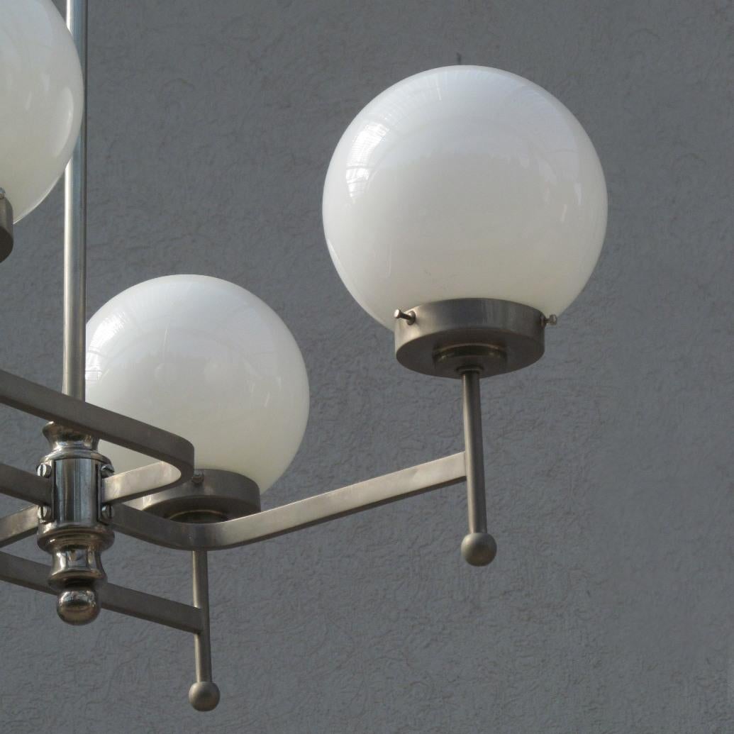 Early Bauhaus Four Opaline Sphere Lights Manji Shaped Chandelier, Germany, 1920s For Sale 11
