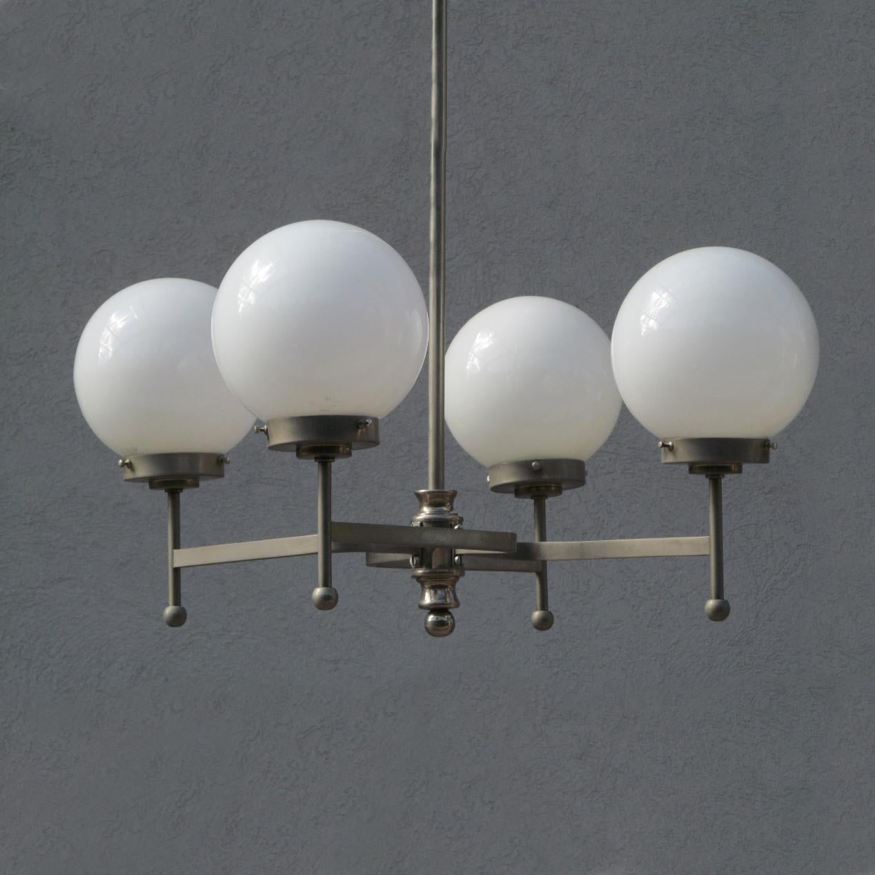 Early Bauhaus Four Opaline Sphere Lights Manji Shaped Chandelier, Germany, 1920s For Sale 1