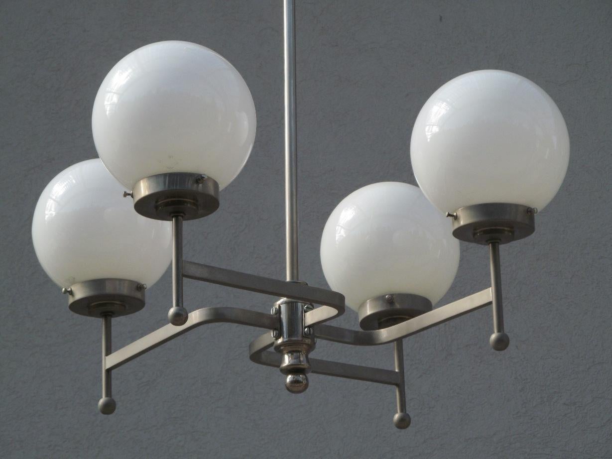 Early Bauhaus Four Opaline Sphere Lights Manji Shaped Chandelier, Germany, 1920s For Sale 2