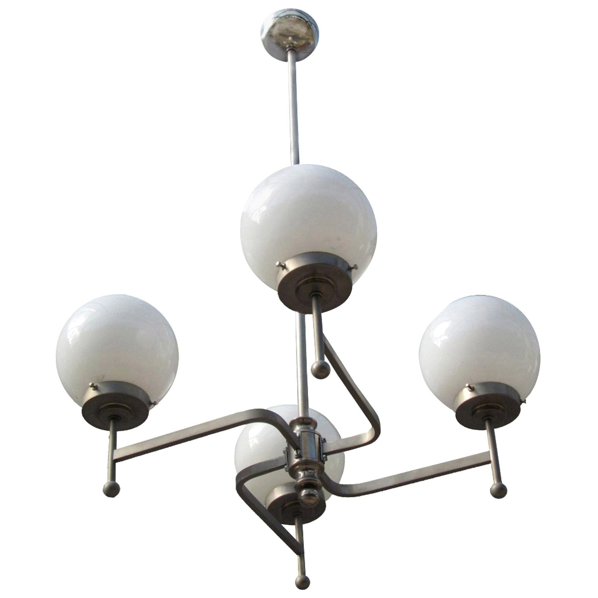 Early Bauhaus Four Opaline Sphere Lights Manji Shaped Chandelier, Germany, 1920s For Sale