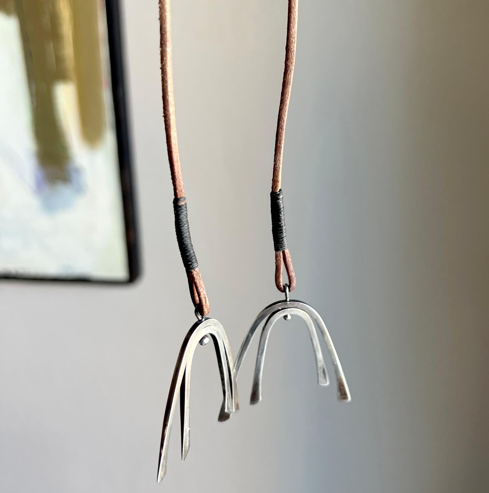 Modernist Early Betty Cooke Kinetic Sterling Wishbone Pendants Lariat on Leather Cord For Sale