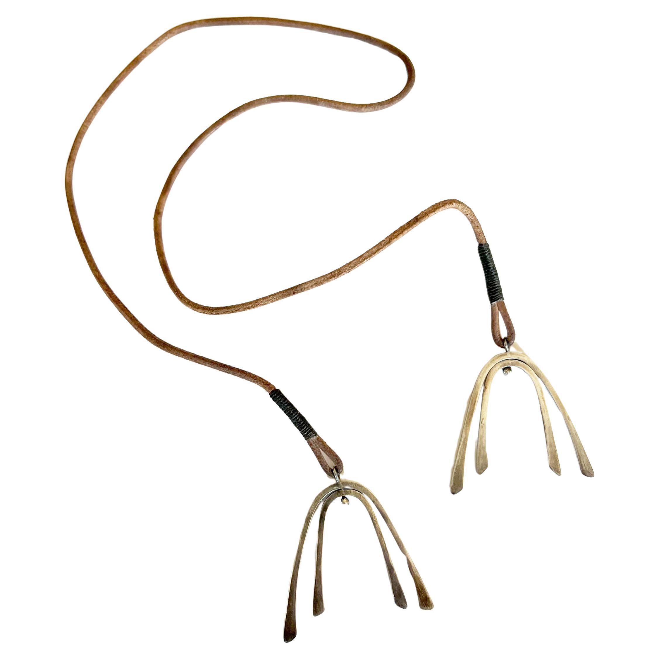 Early Betty Cooke Kinetic Sterling Wishbone Pendants Lariat on Leather Cord For Sale